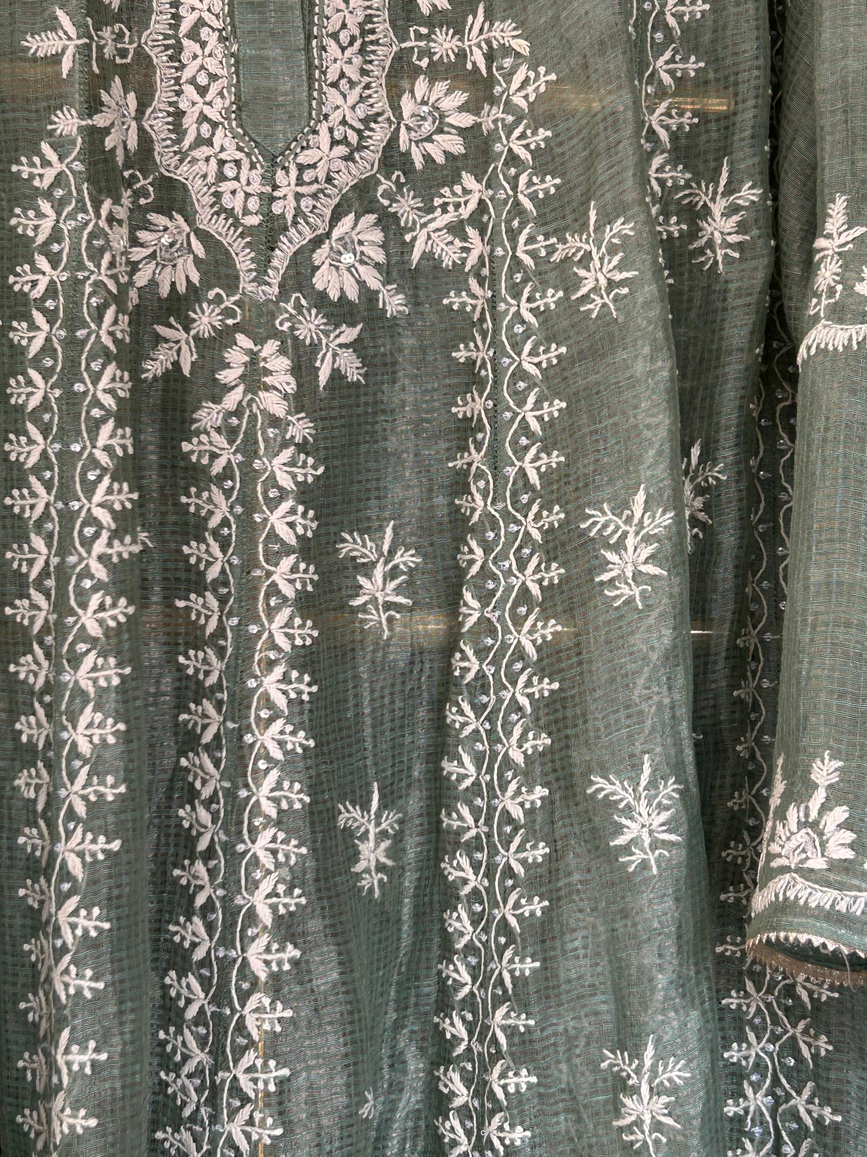 Sage Green Tissue Kota Chikankari Anarkali Set