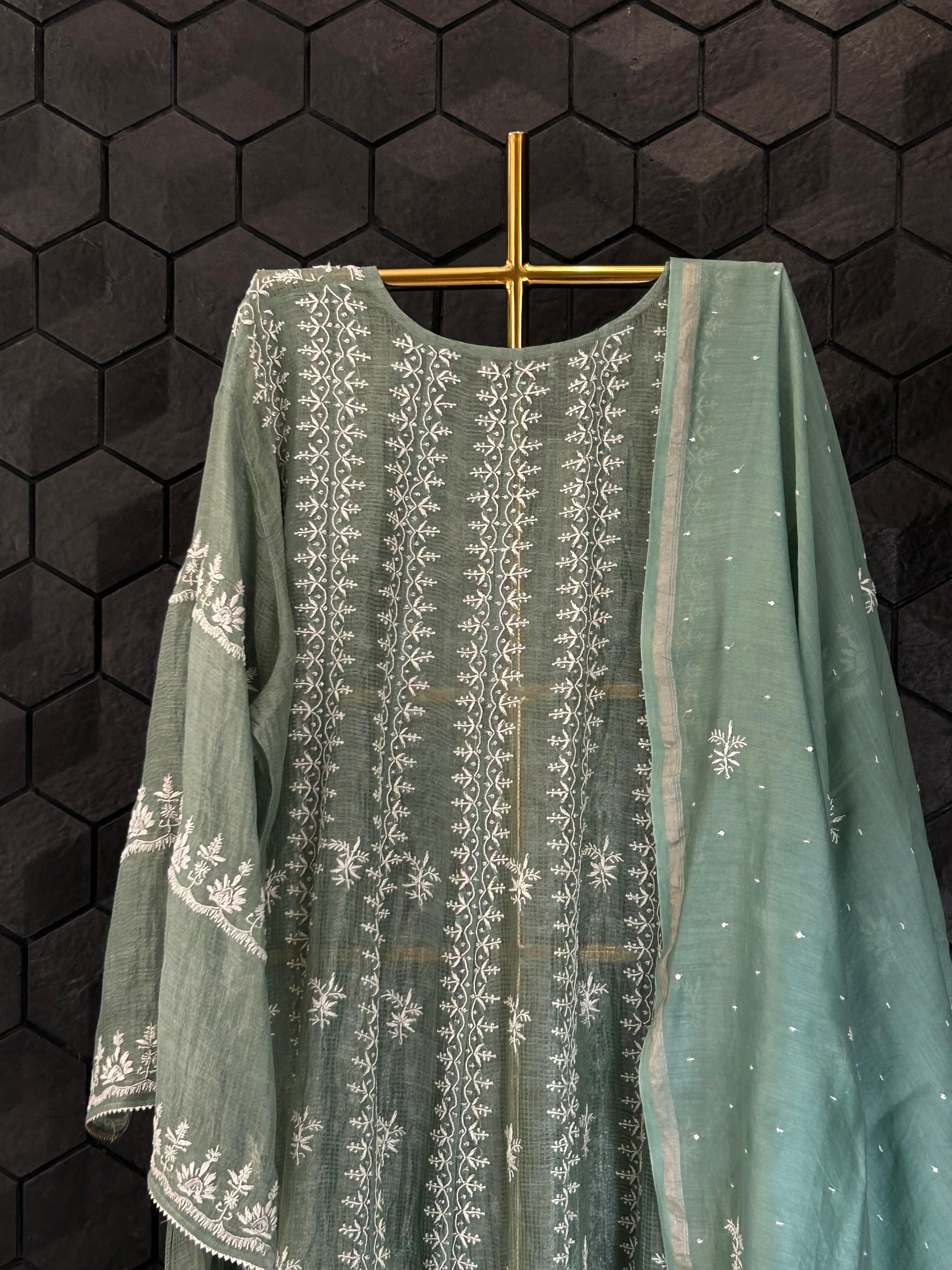 Sage Green Tissue Kota Chikankari Anarkali Set