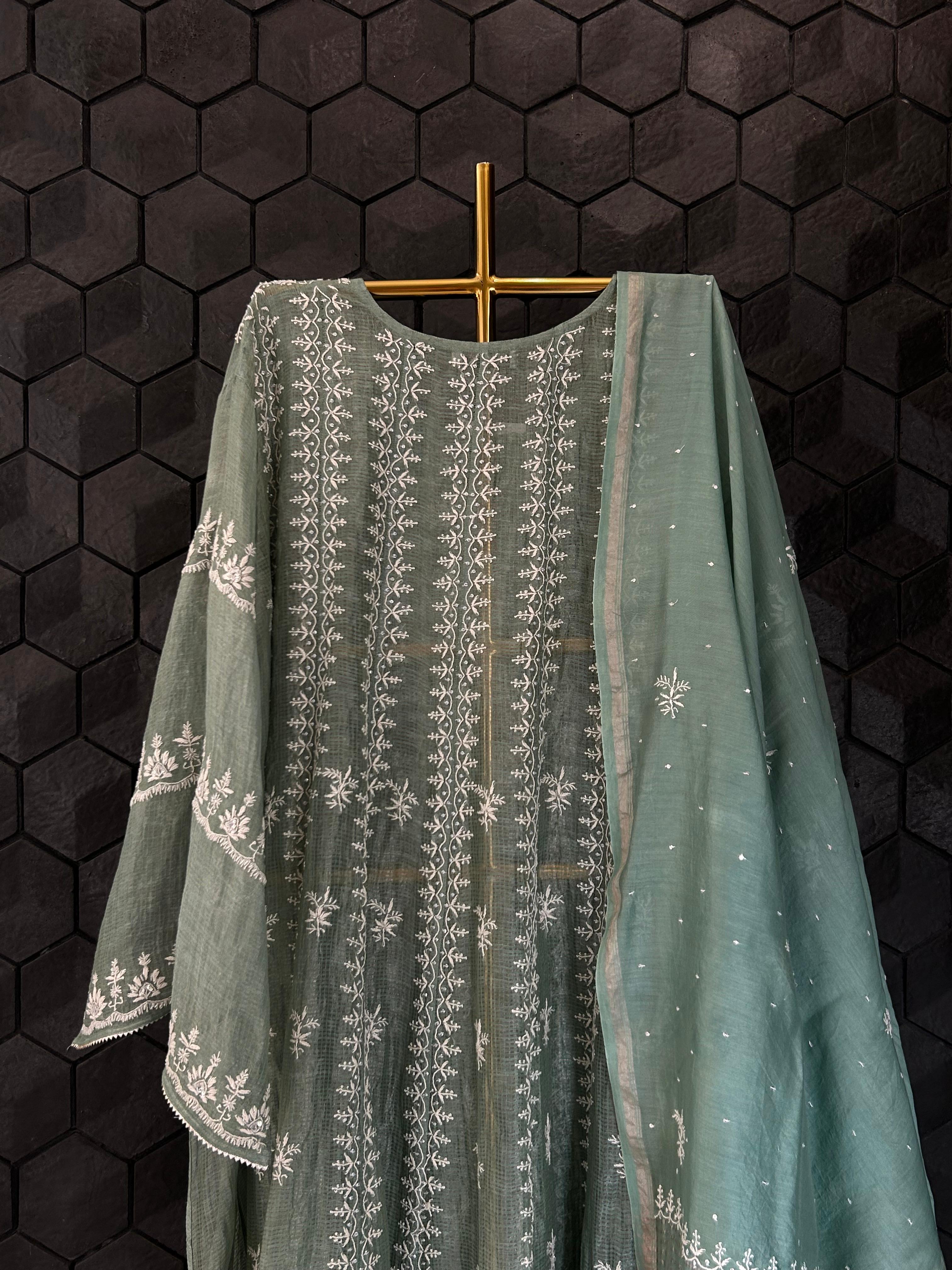 Sage Green Tissue Kota Chikankari Anarkali Set