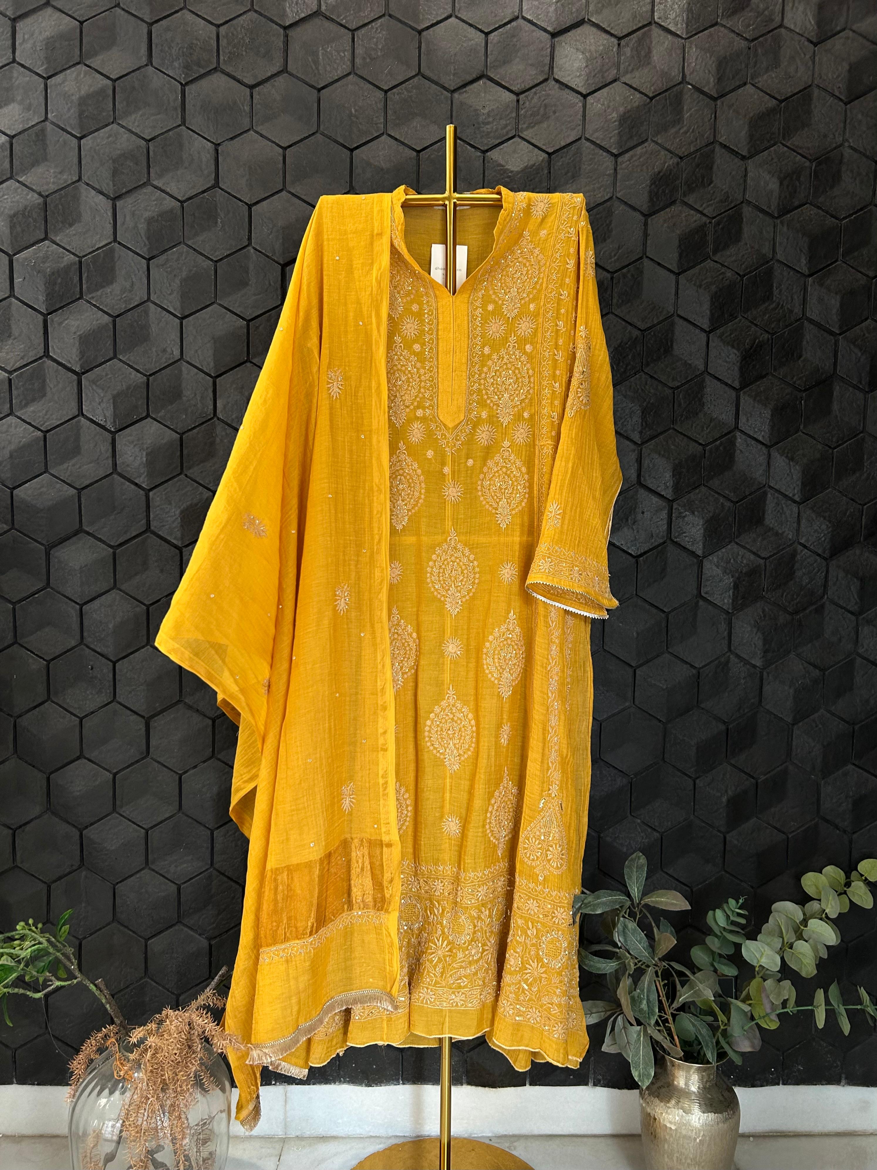 Mustard Tissue Chikankari Kurta Set