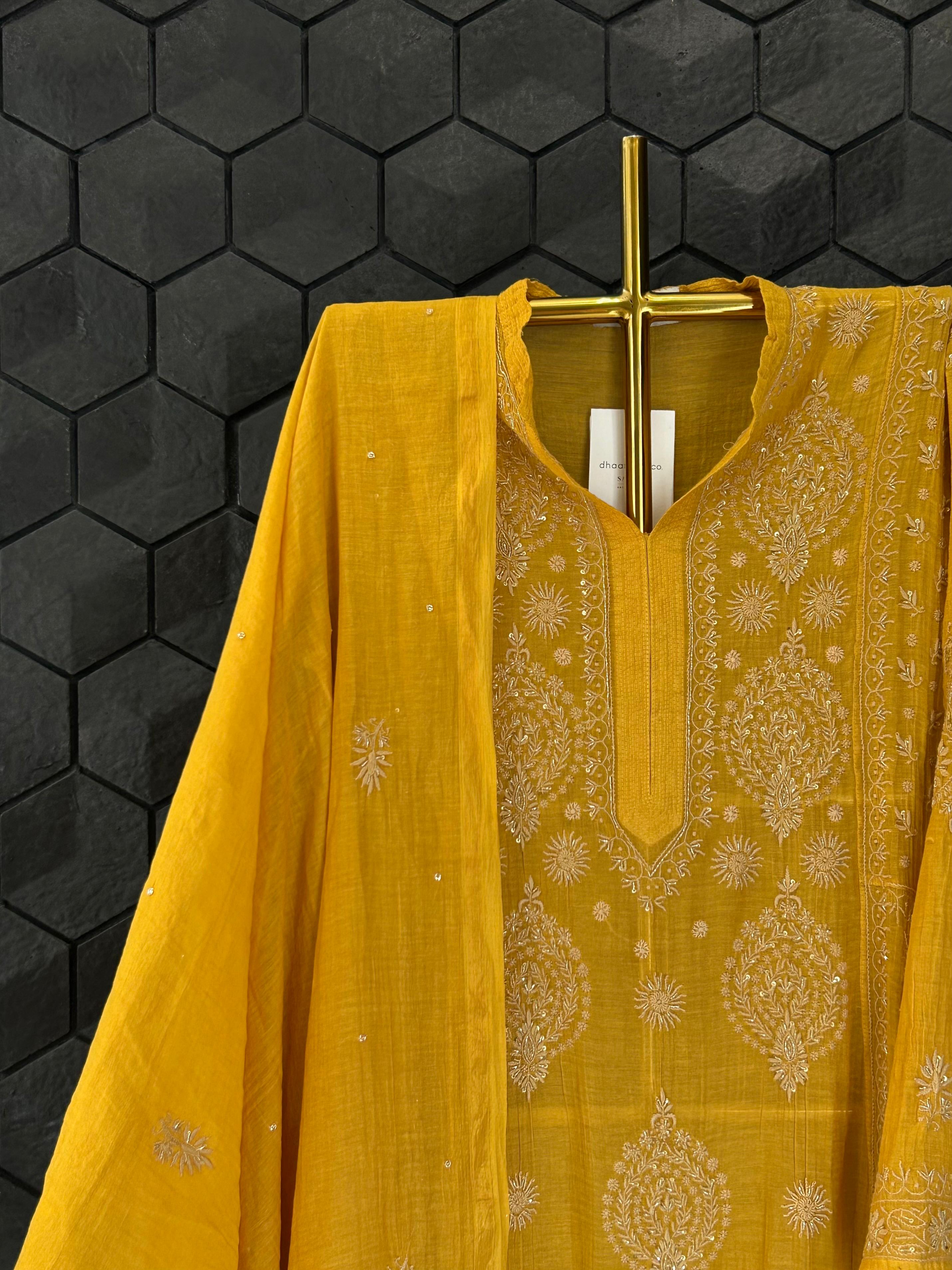 Mustard Tissue Chikankari Kurta Set