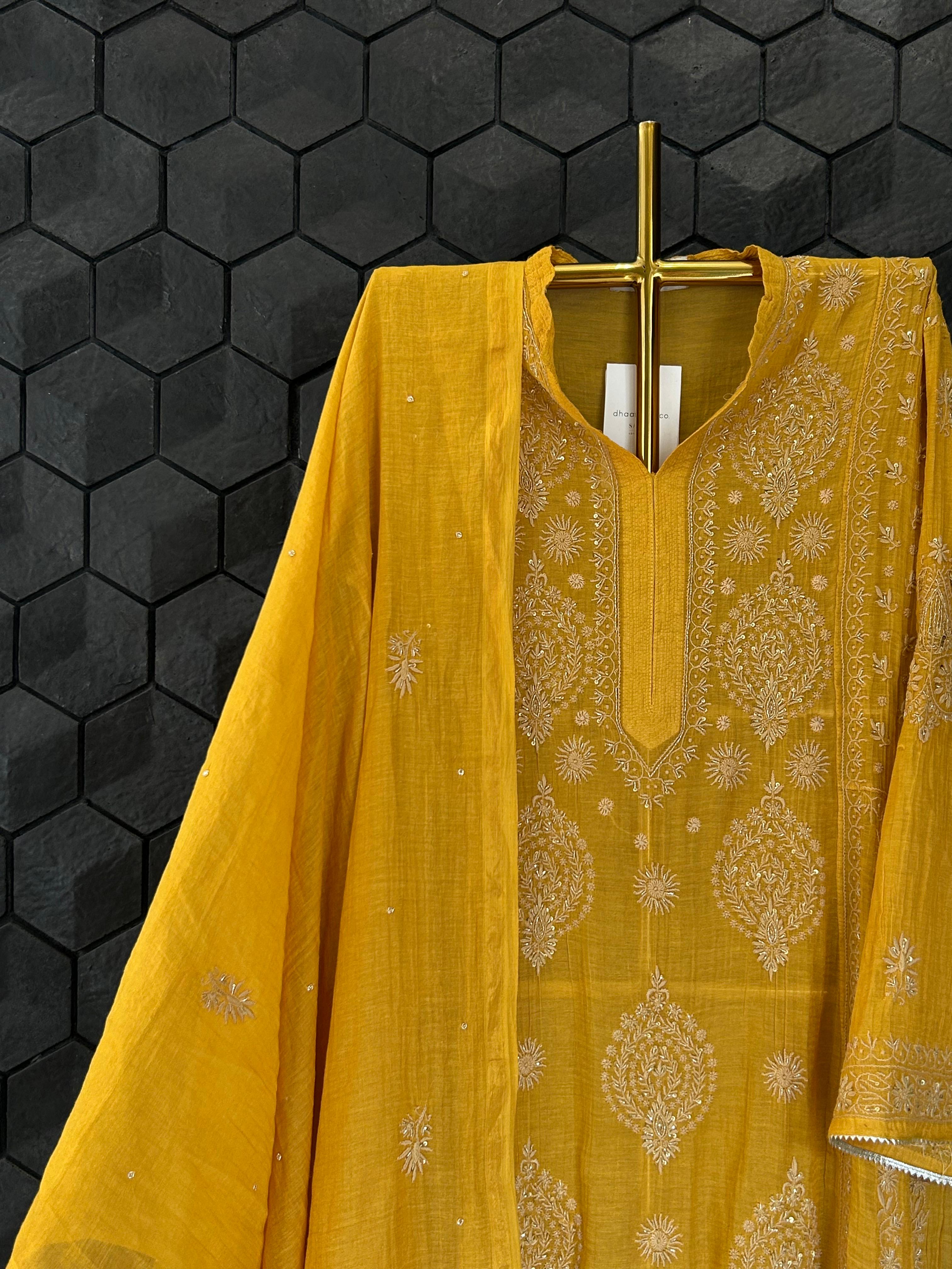 Mustard Tissue Chikankari Kurta Set