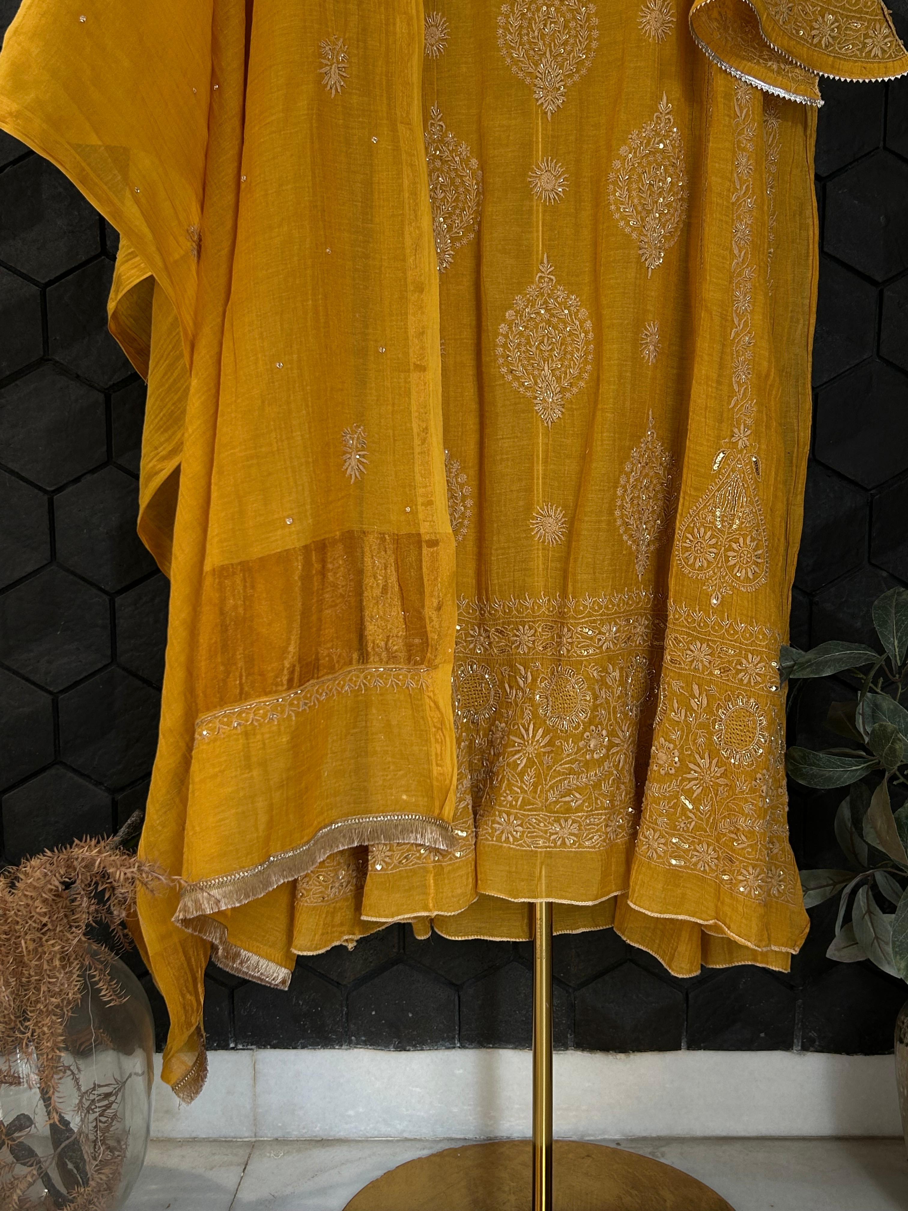 Mustard Tissue Chikankari Kurta Set