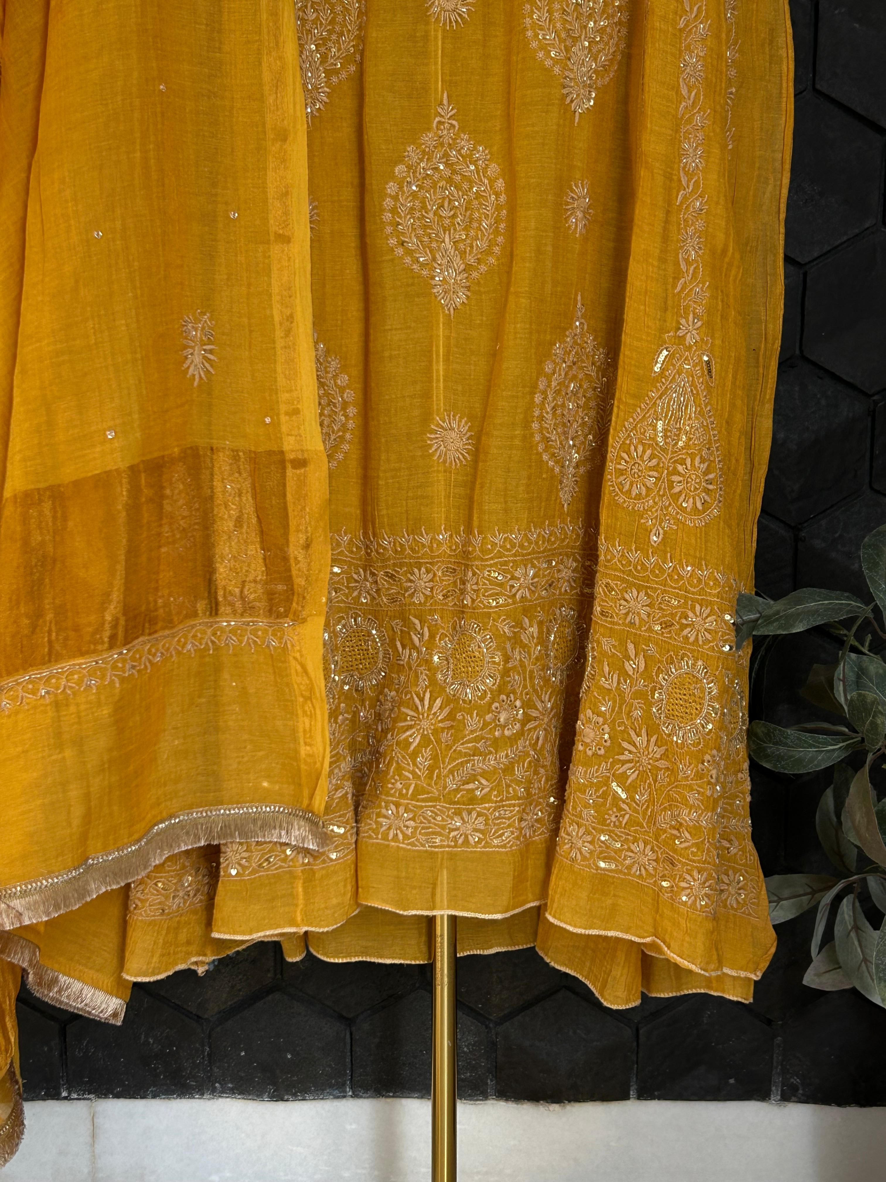 Mustard Tissue Chikankari Kurta Set