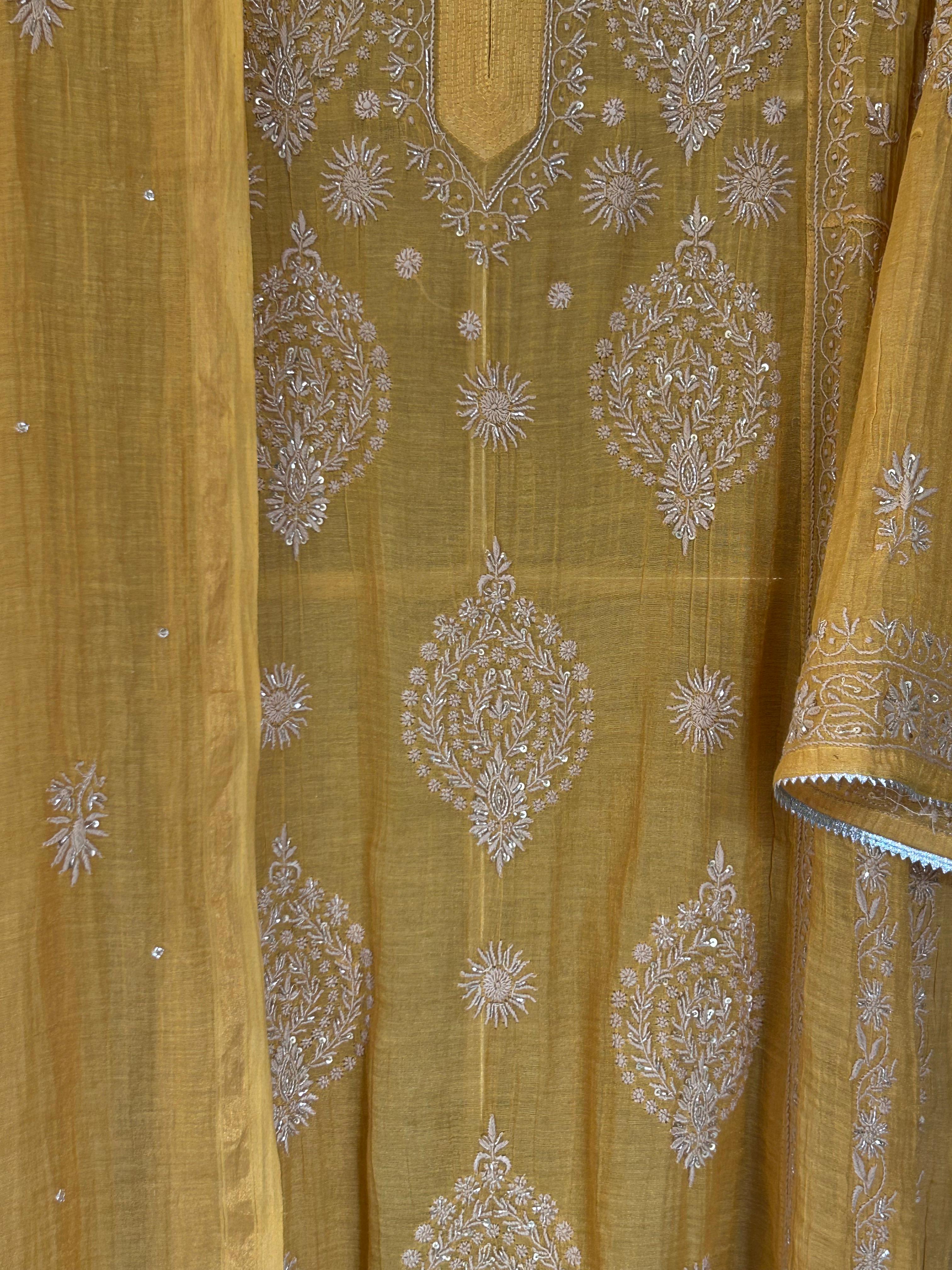 Mustard Tissue Chikankari Kurta Set