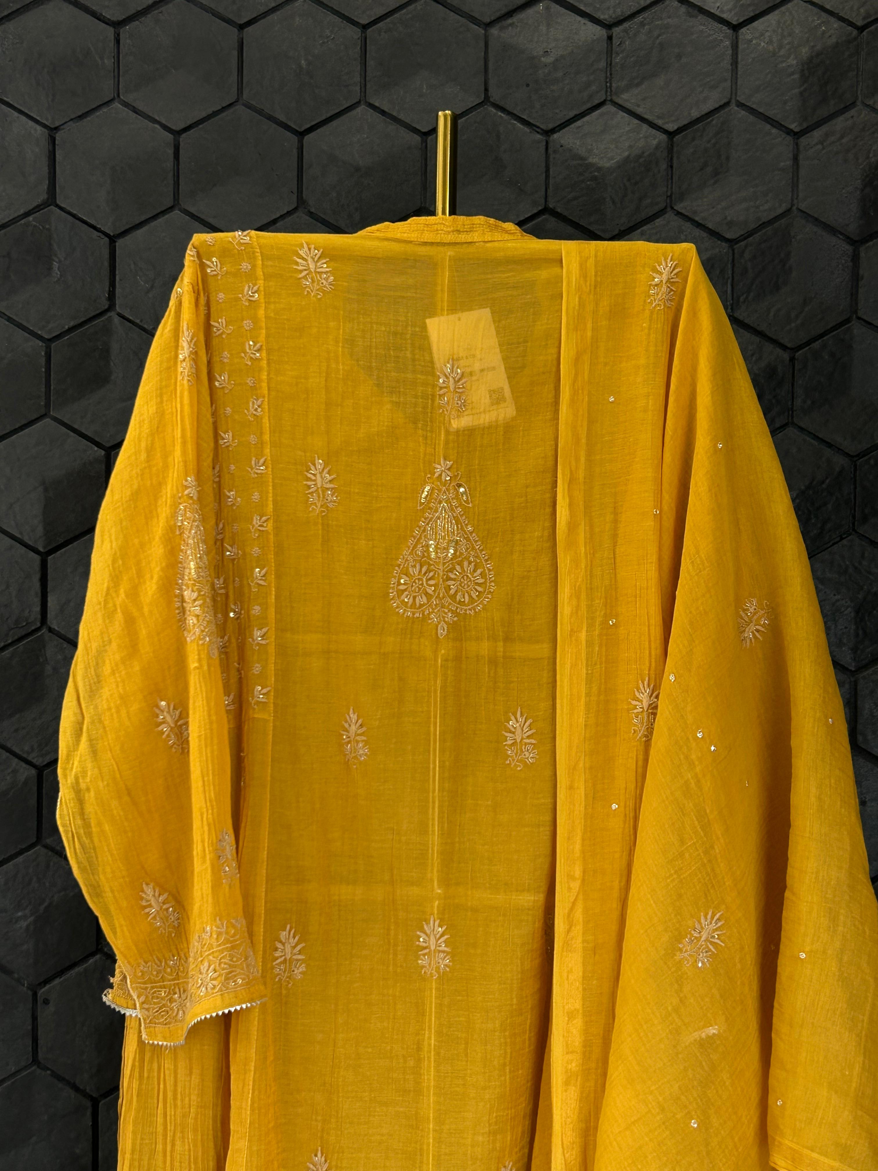 Mustard Tissue Chikankari Kurta Set