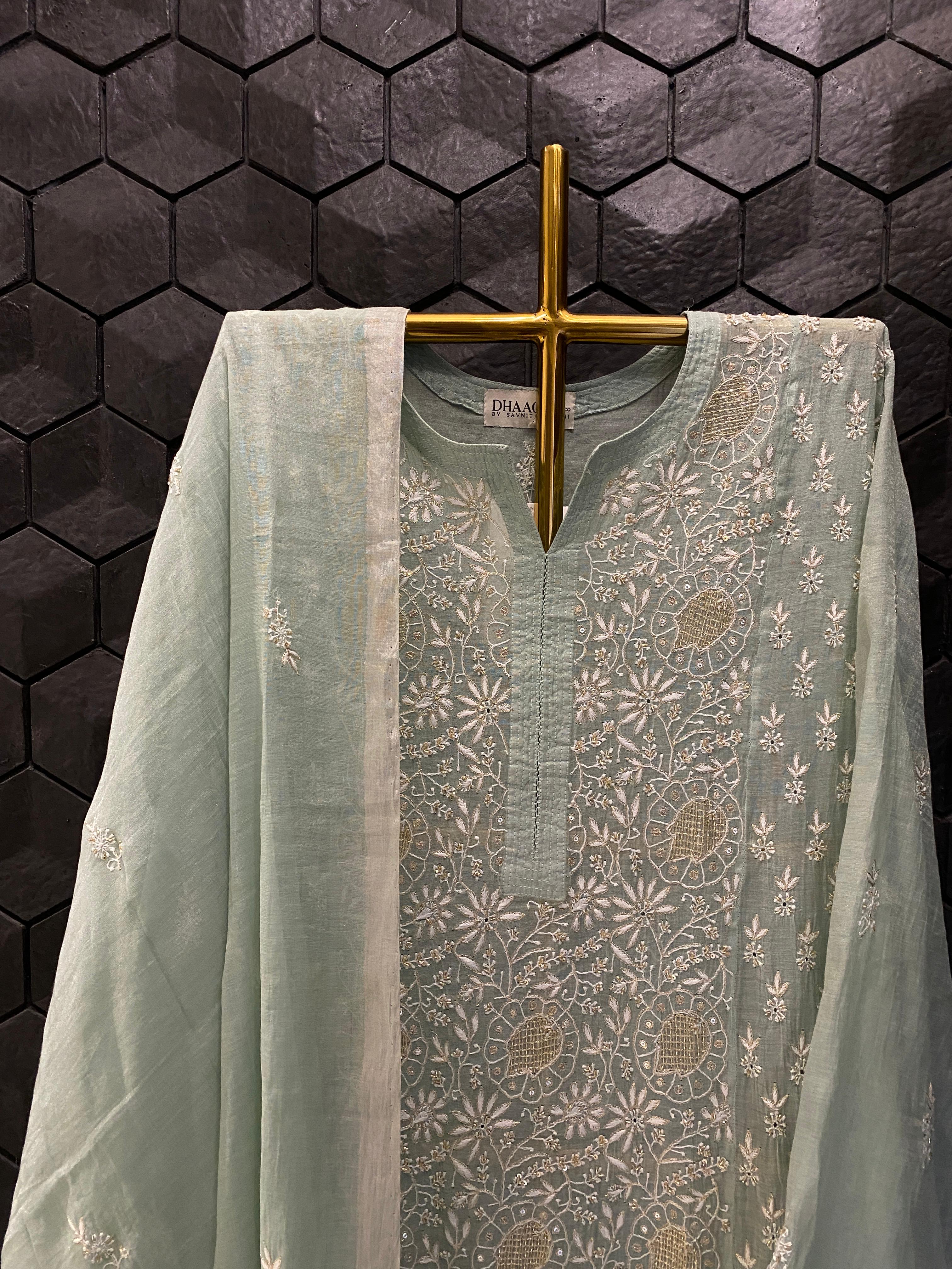 Green Silver Tissue Chikankari Kurta Set