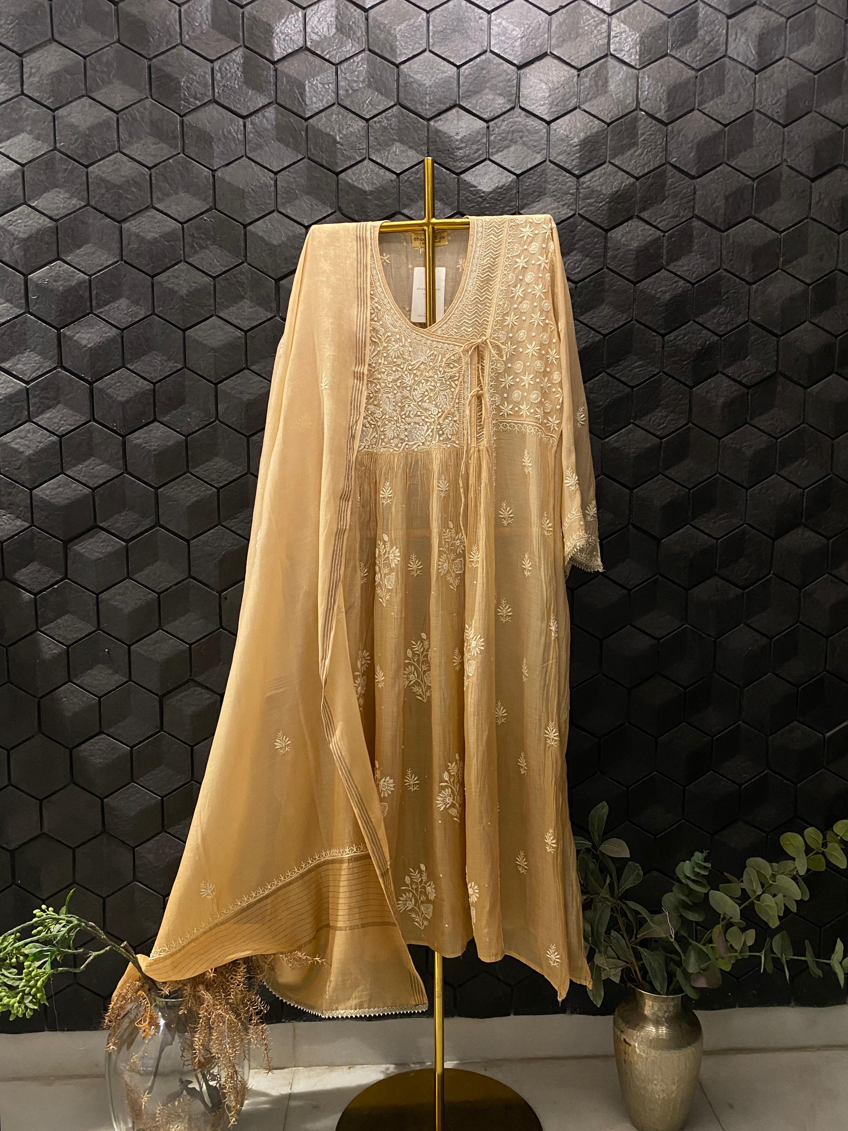 Brown Mul Chanderi Chikankari Angarkha Kurta Set