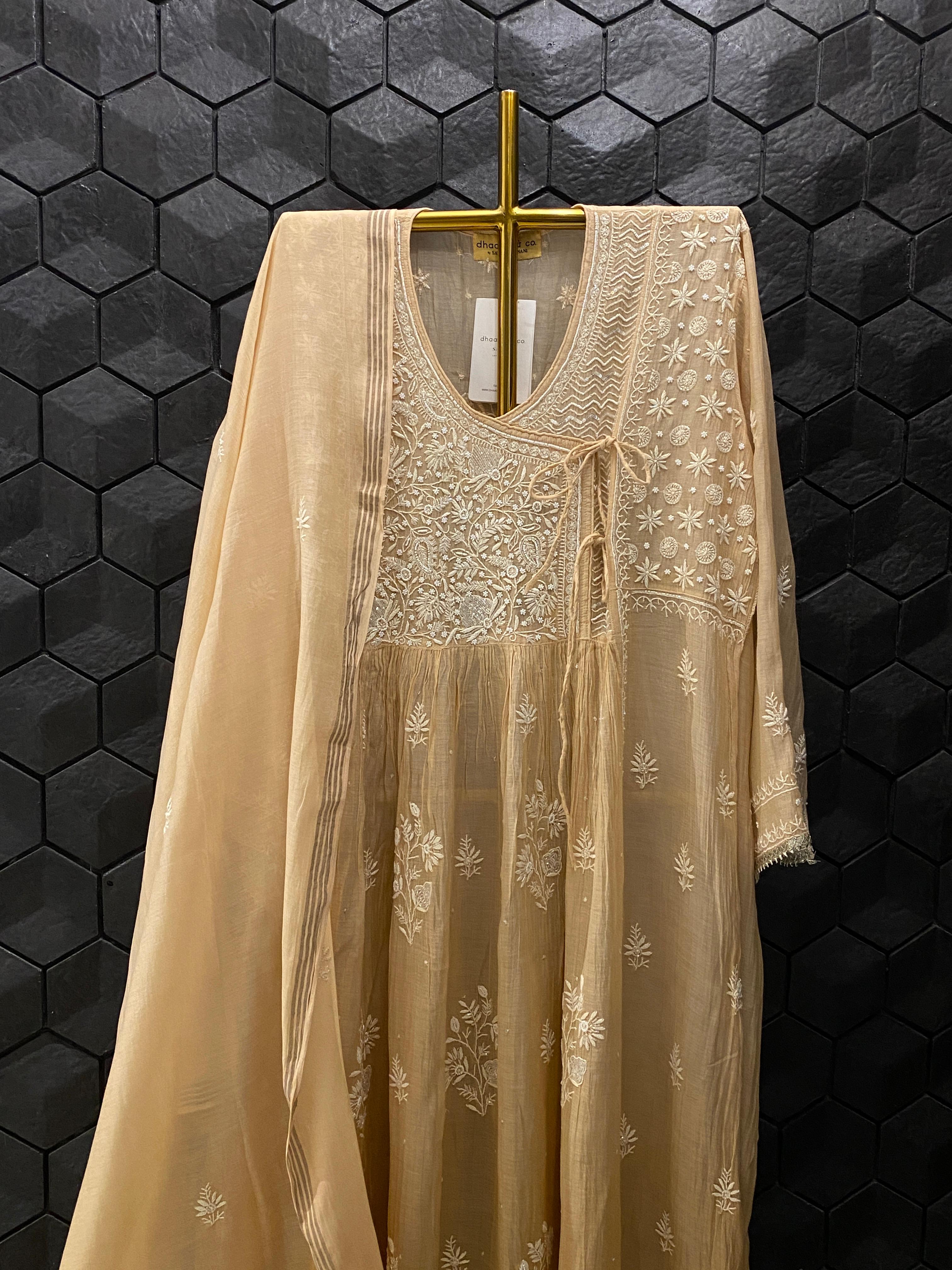 Brown Mul Chanderi Chikankari Angarkha Kurta Set