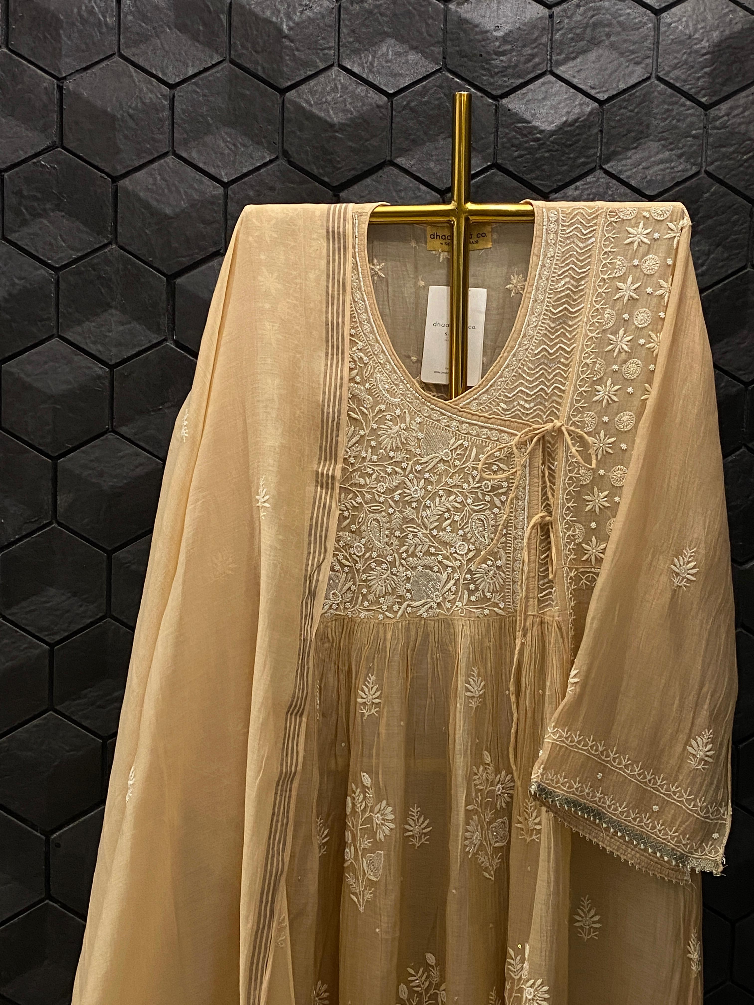 Brown Mul Chanderi Chikankari Angarkha Kurta Set