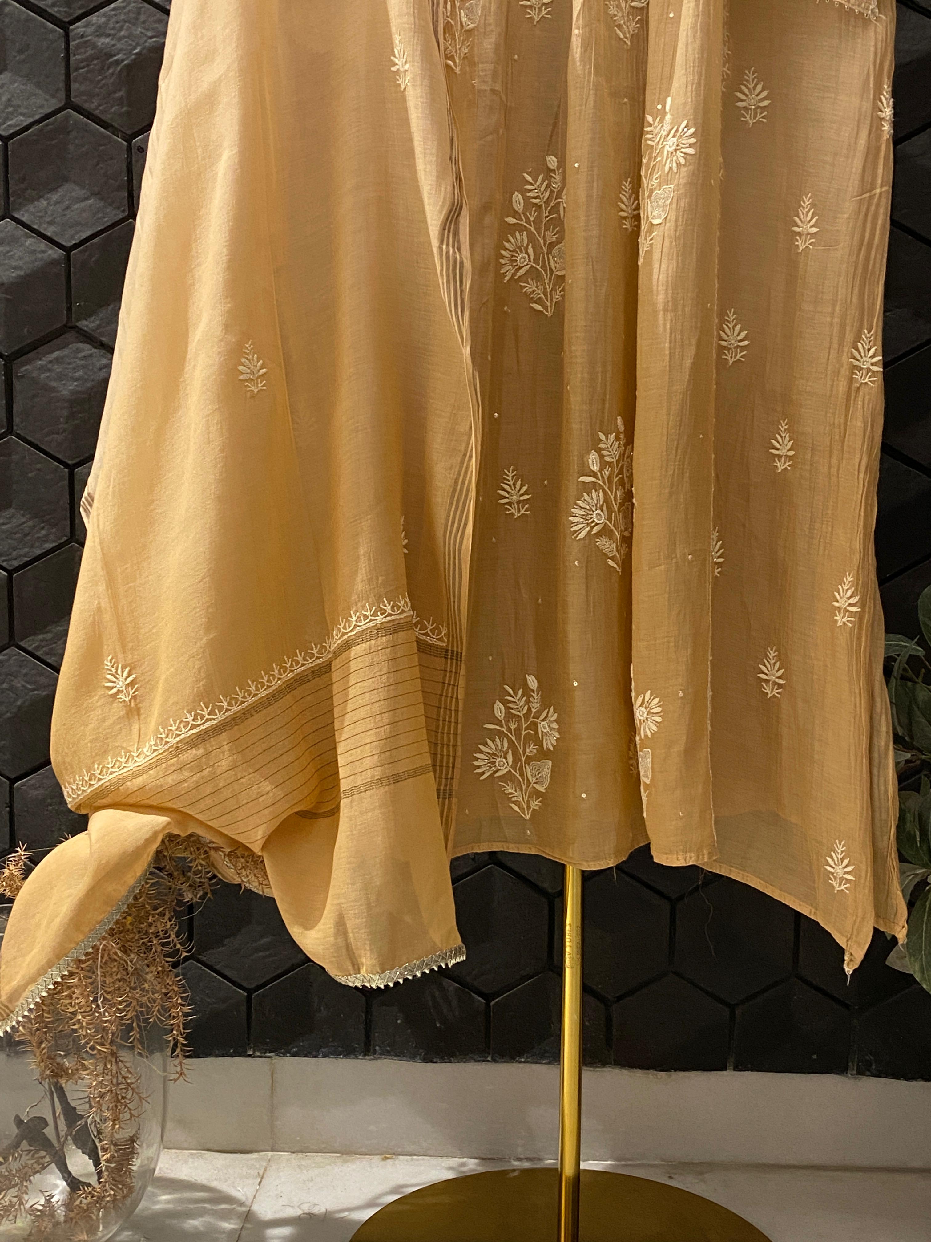 Brown Mul Chanderi Chikankari Angarkha Kurta Set