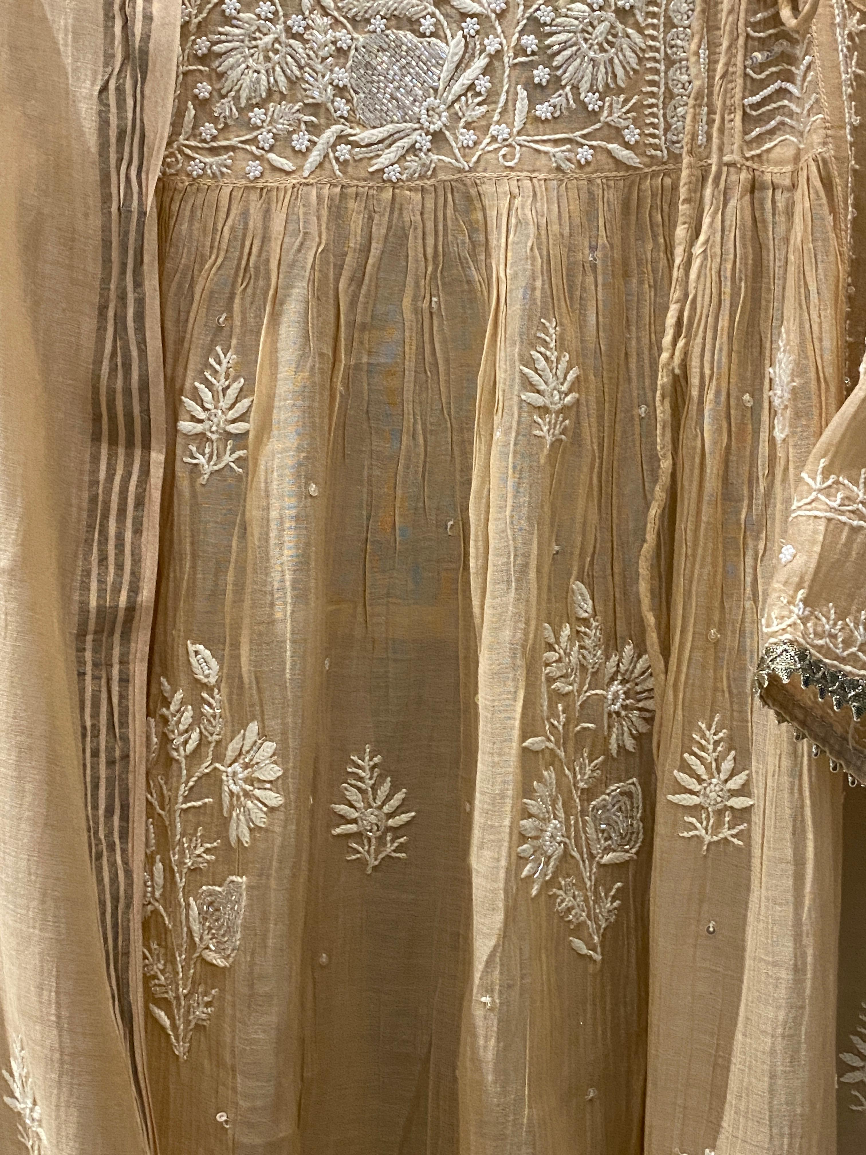 Brown Mul Chanderi Chikankari Angarkha Kurta Set