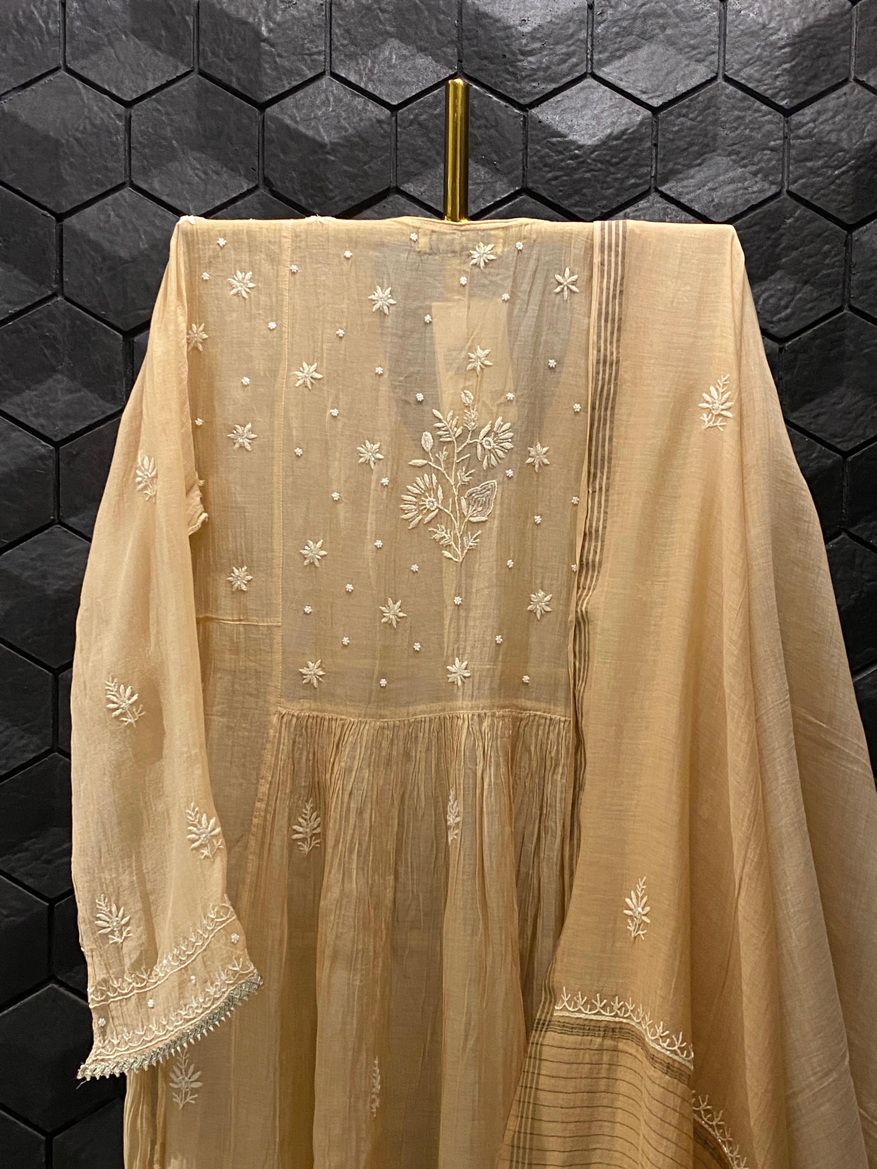 Brown Mul Chanderi Chikankari Angarkha Kurta Set