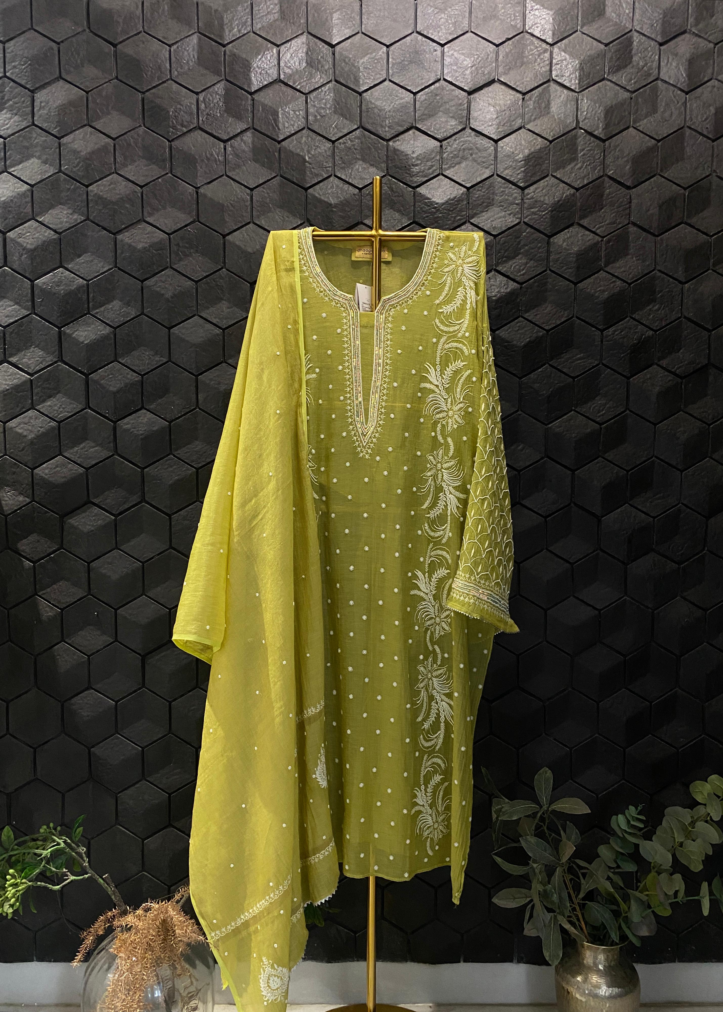 Mehendi Green Mul Chanderi Chikankari Kurta Set