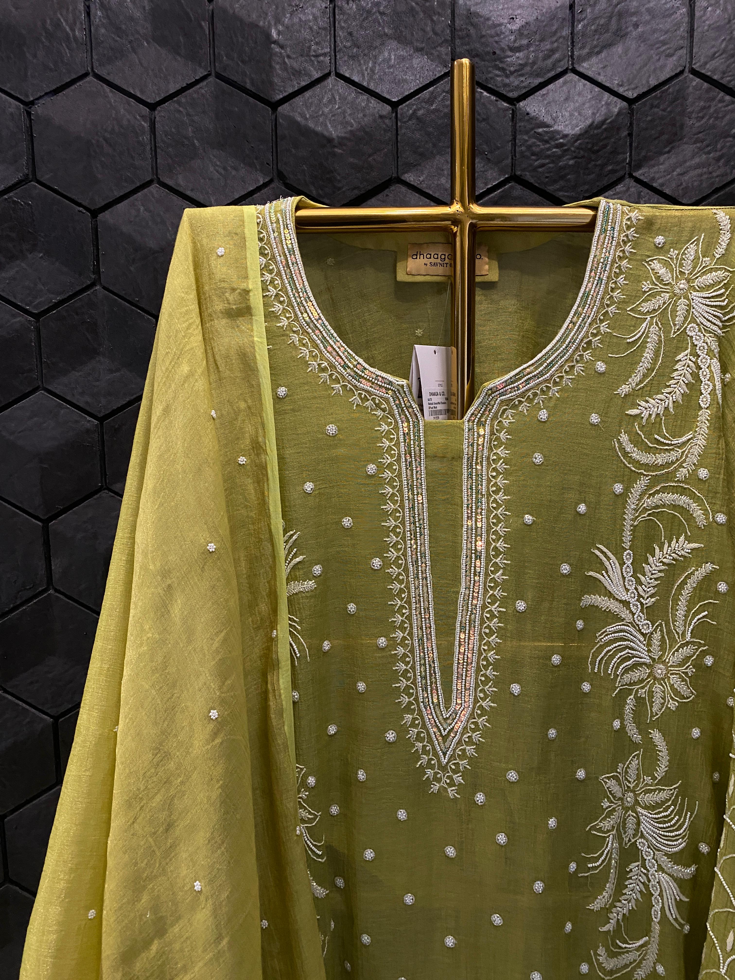 Mehendi Green Mul Chanderi Chikankari Kurta Set