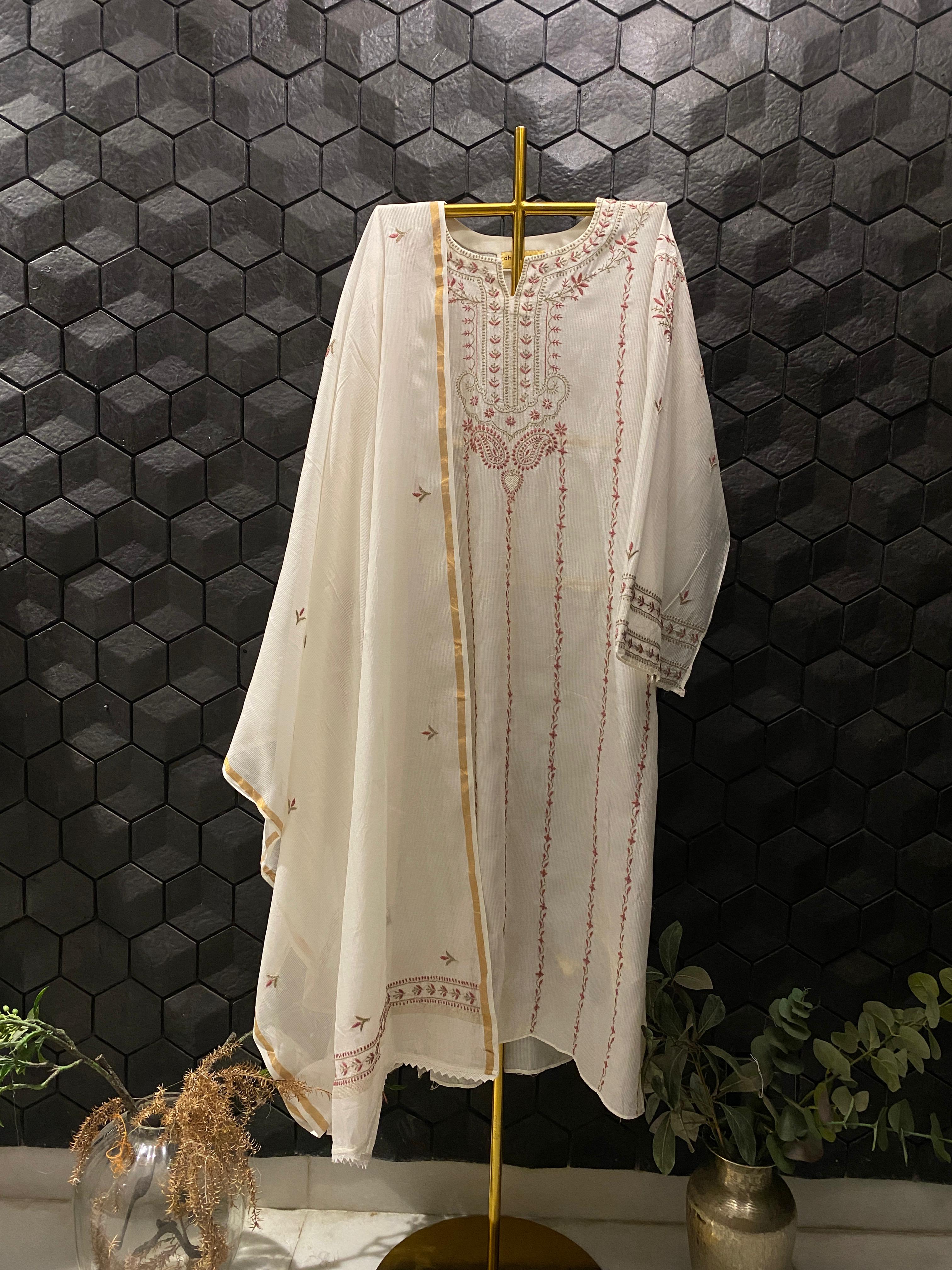 White Maheshwari Chikankari Kurta Set