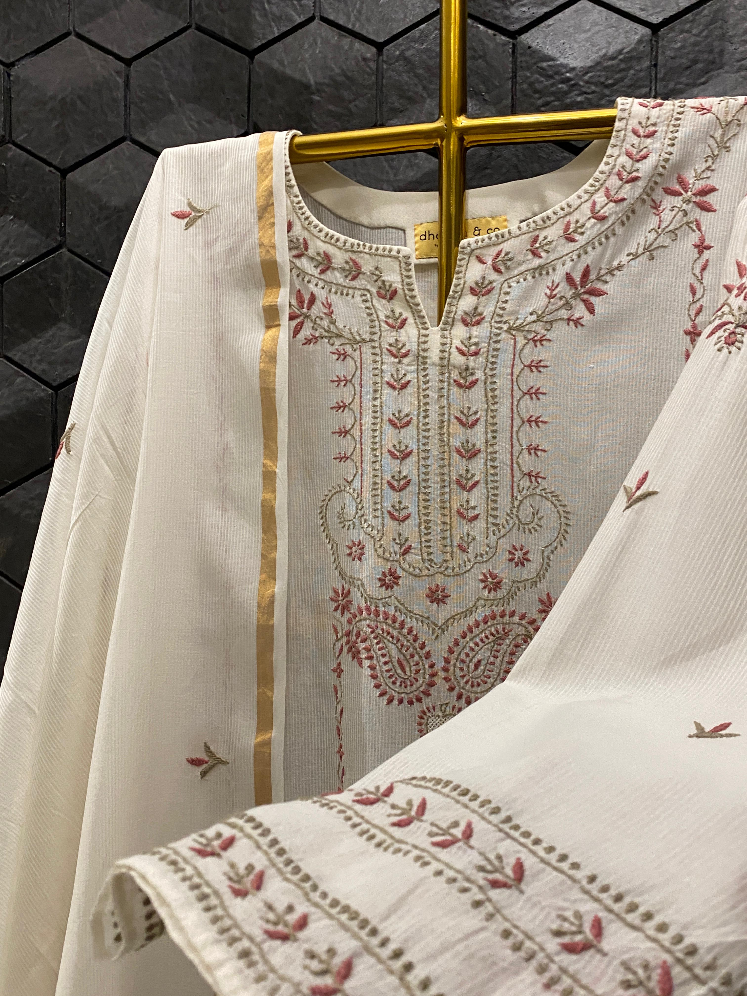 White Maheshwari Chikankari Kurta Set