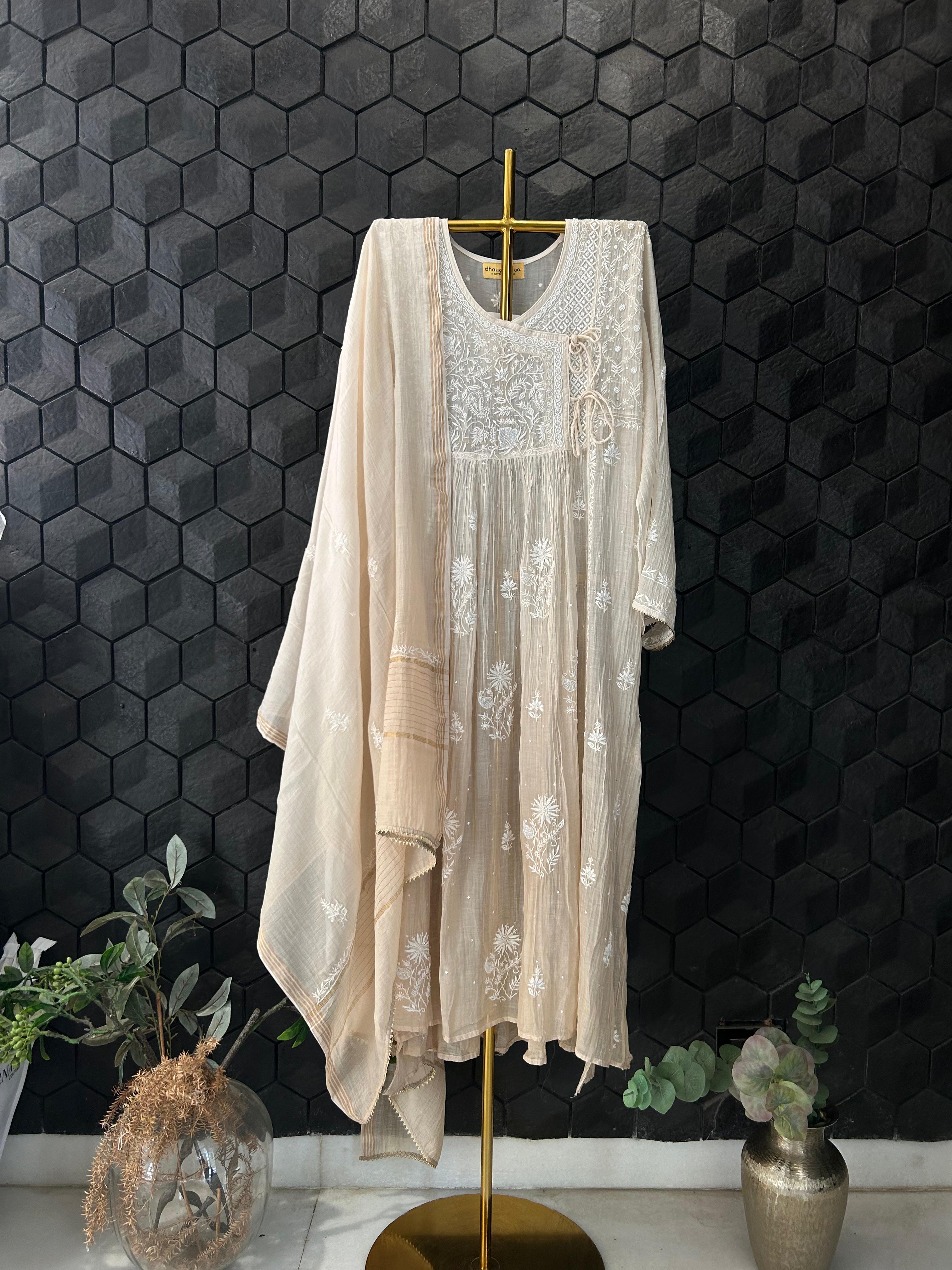 Beige Mul Chanderi Chikankari Angarkha Kurta Set