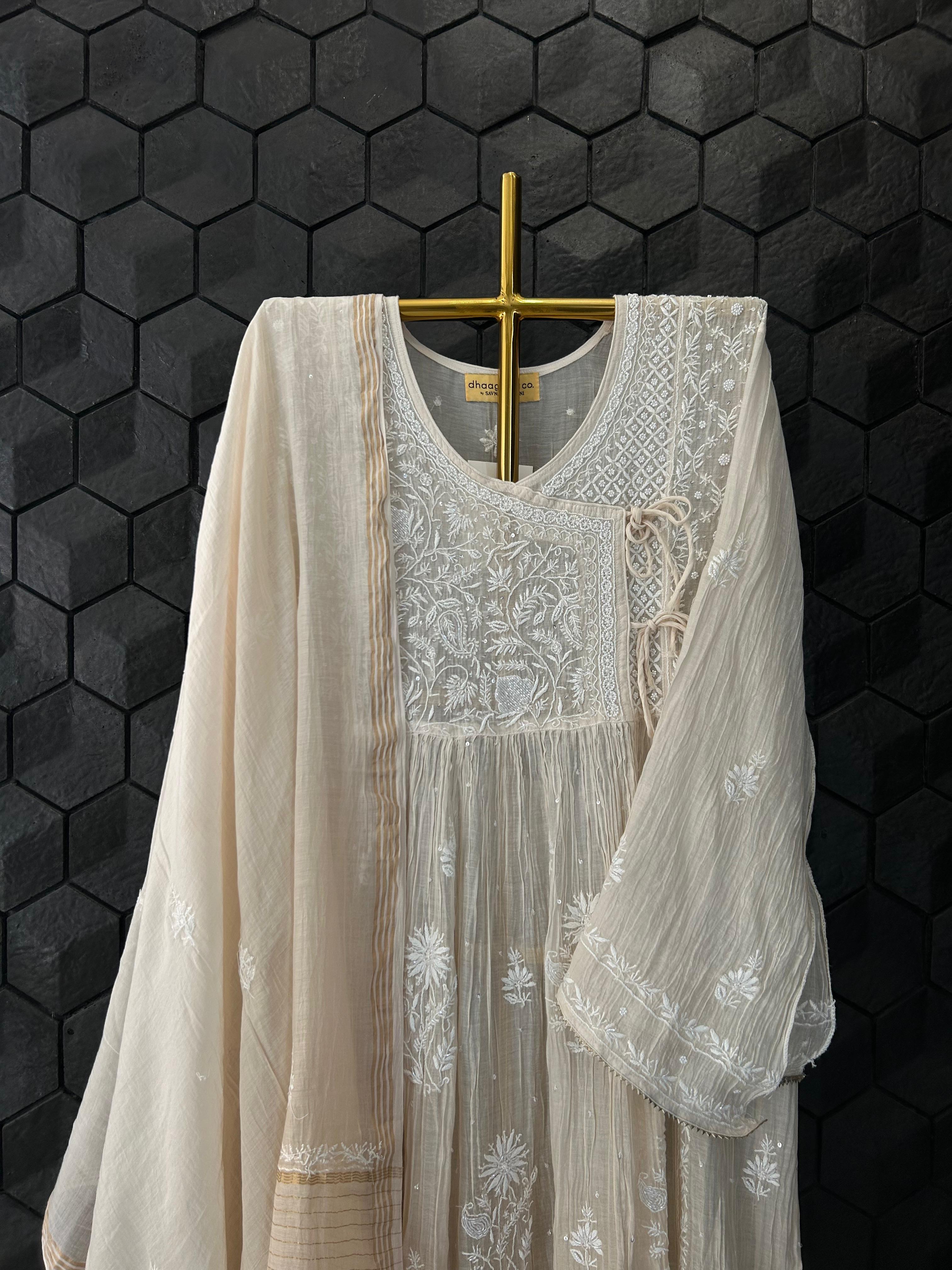 Beige Mul Chanderi Chikankari Angarkha Kurta Set