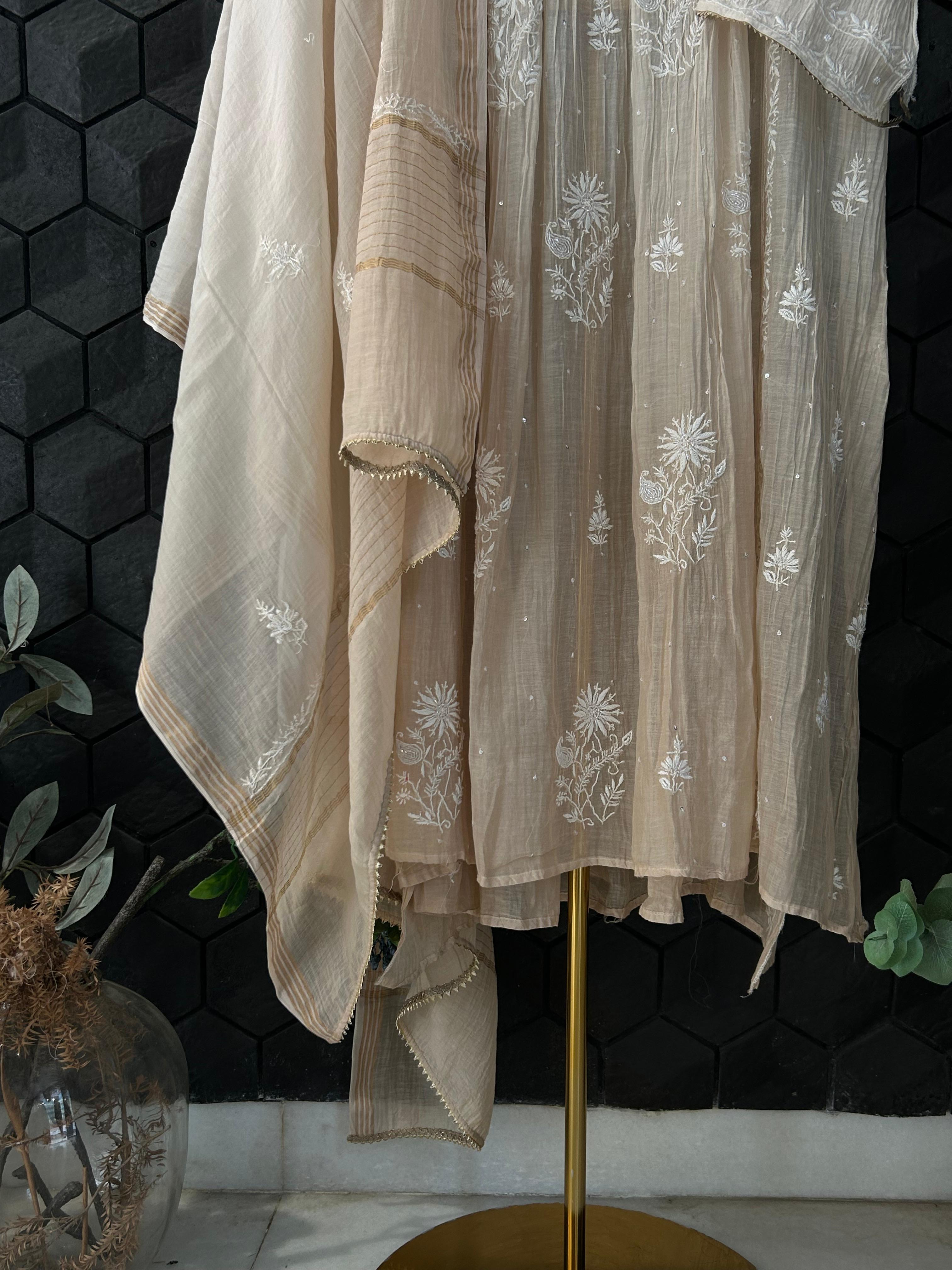 Beige Mul Chanderi Chikankari Angarkha Kurta Set