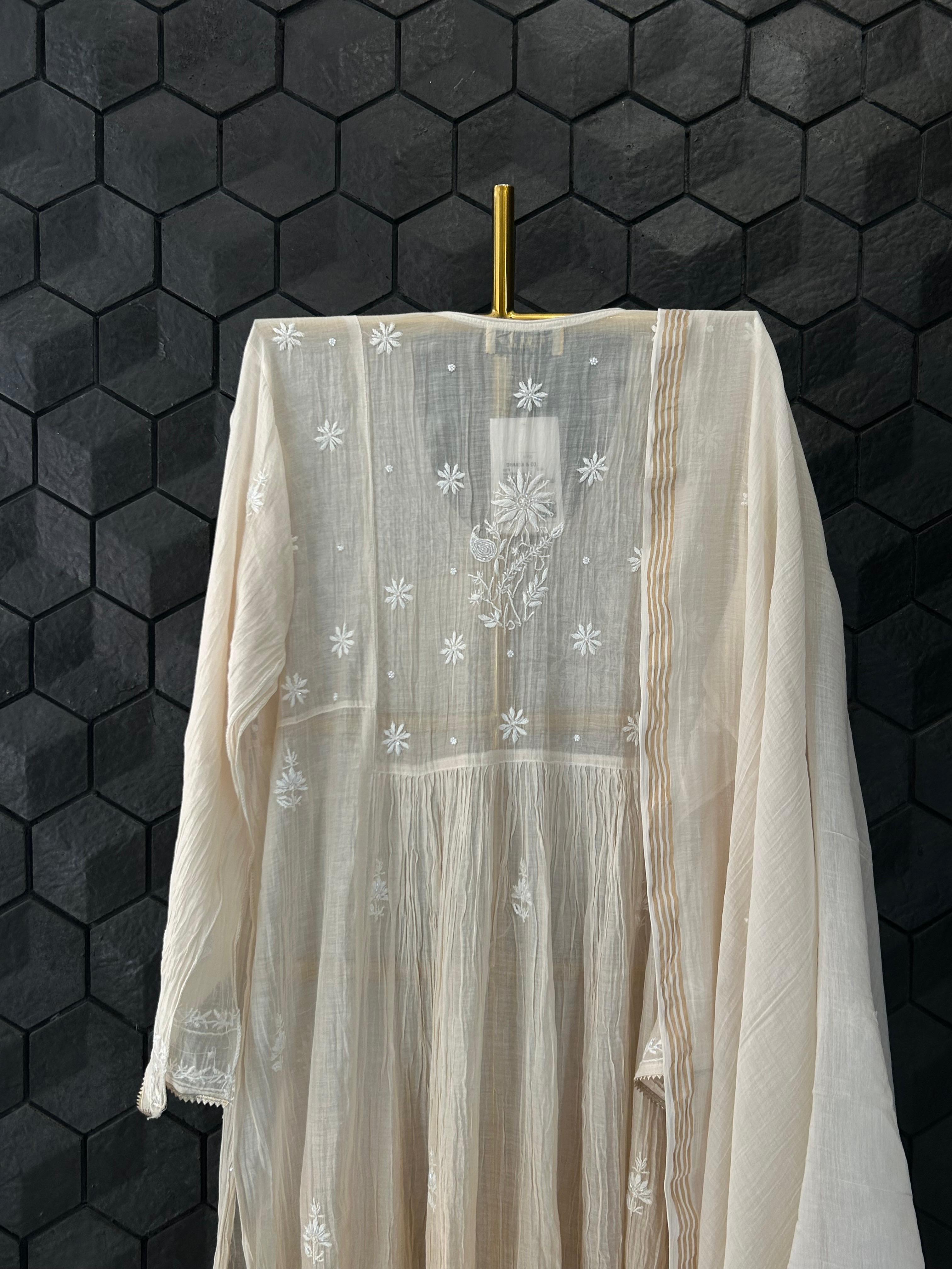 Beige Mul Chanderi Chikankari Angarkha Kurta Set