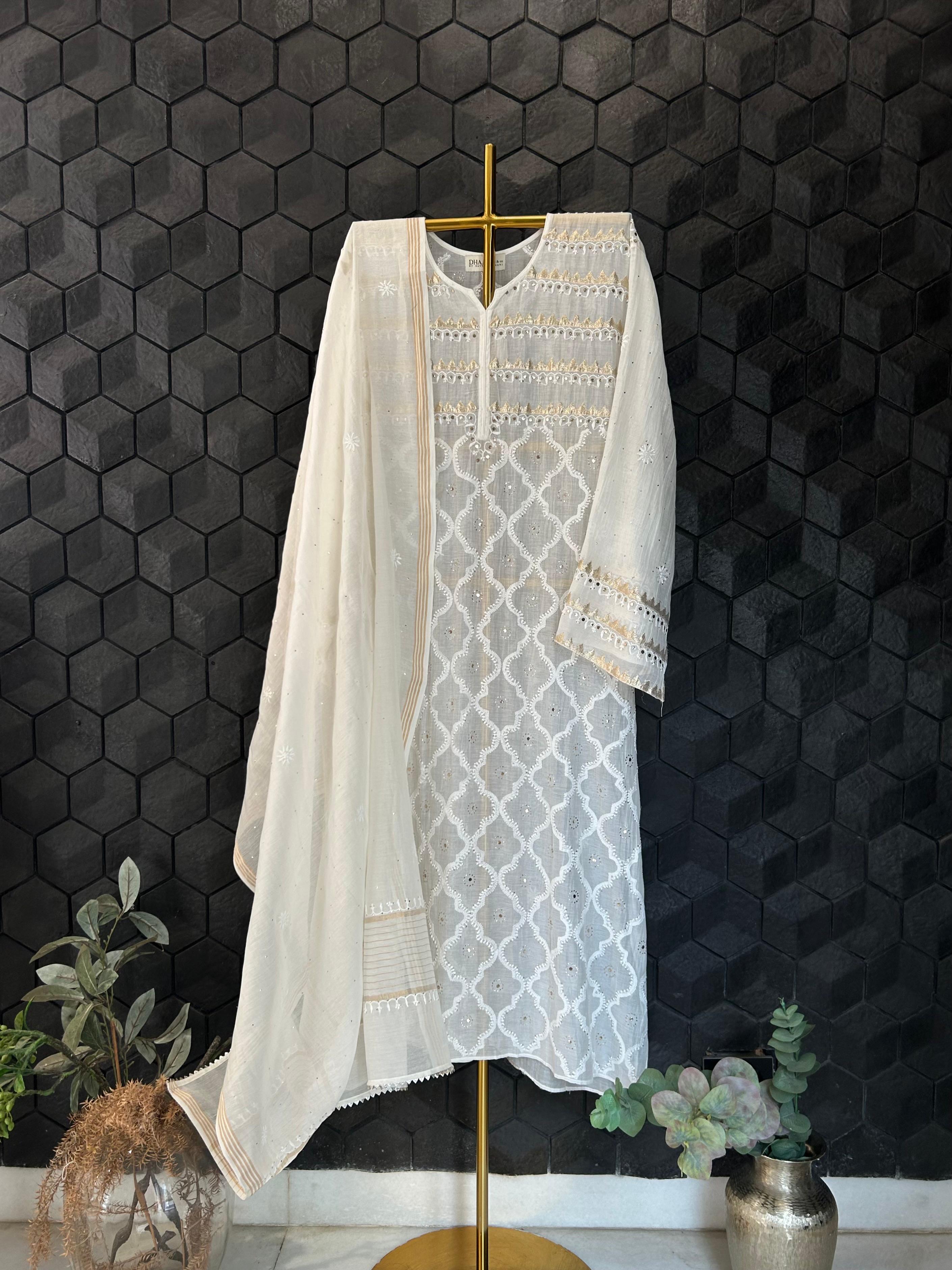 White Chanderi Chikankari Mukaish Kurta Set