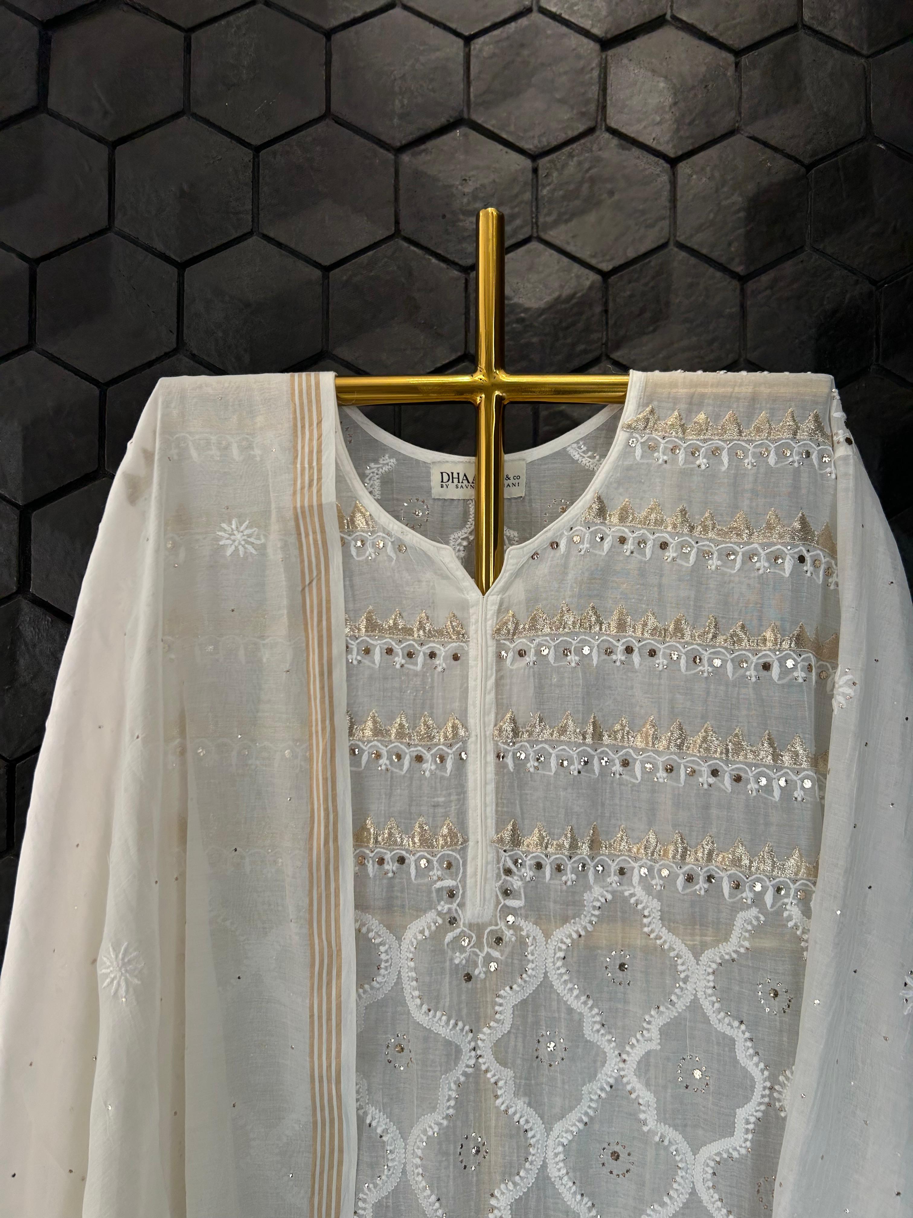 White Chanderi Chikankari Mukaish Kurta Set