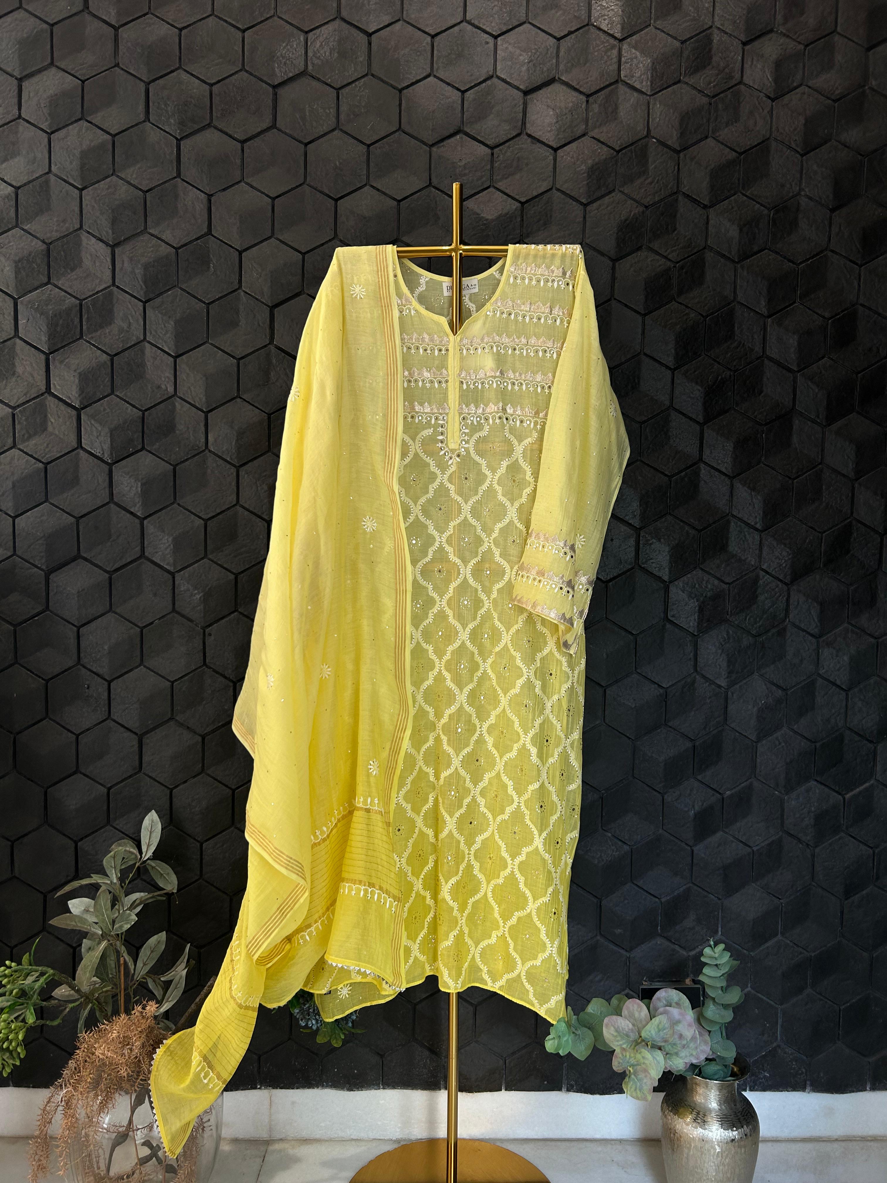 Lime Green Mul Chanderi Chikankari Mukaish Kurta Set