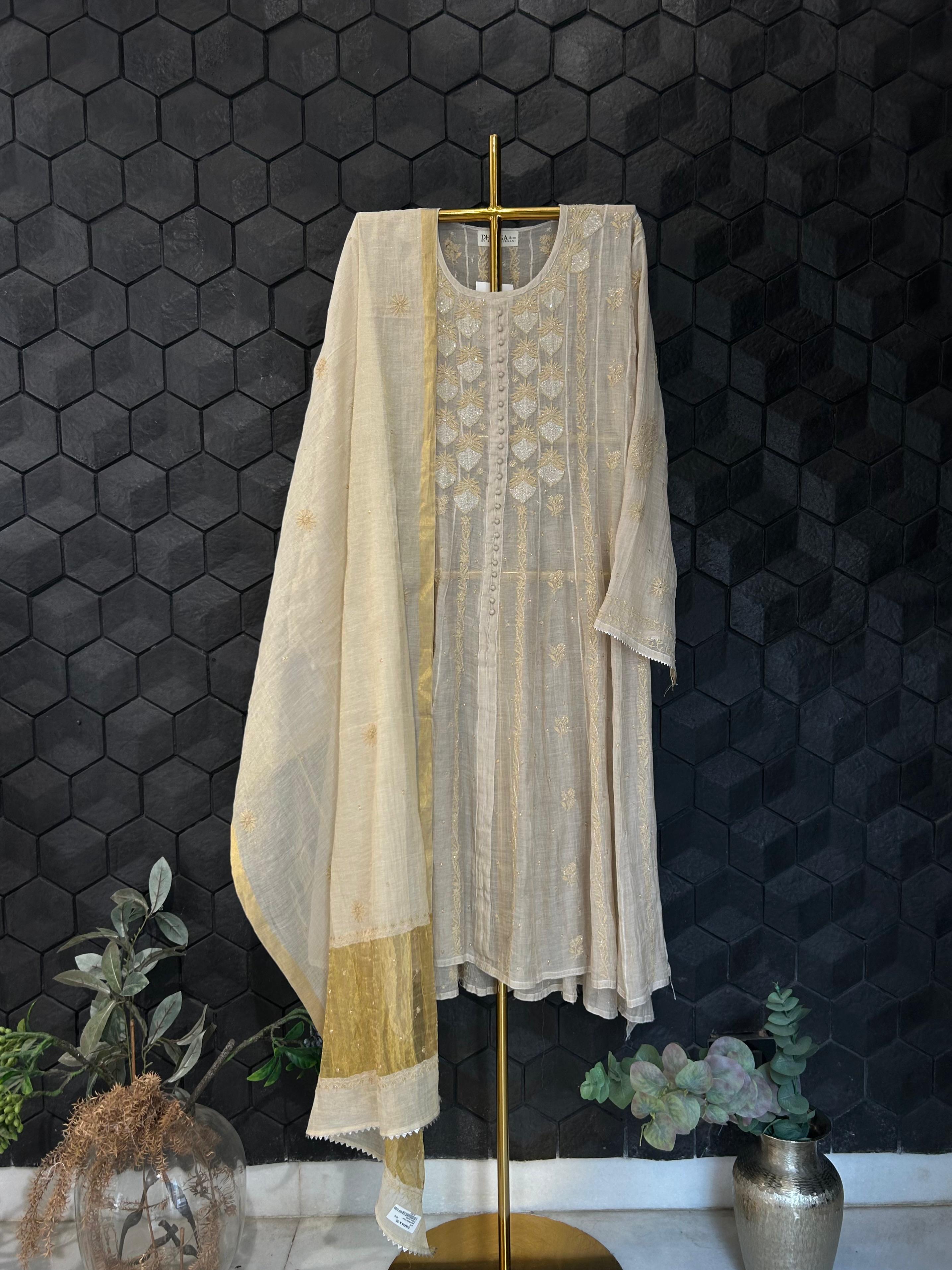 Beige Golden Tissue Chikankari Anarkali Set