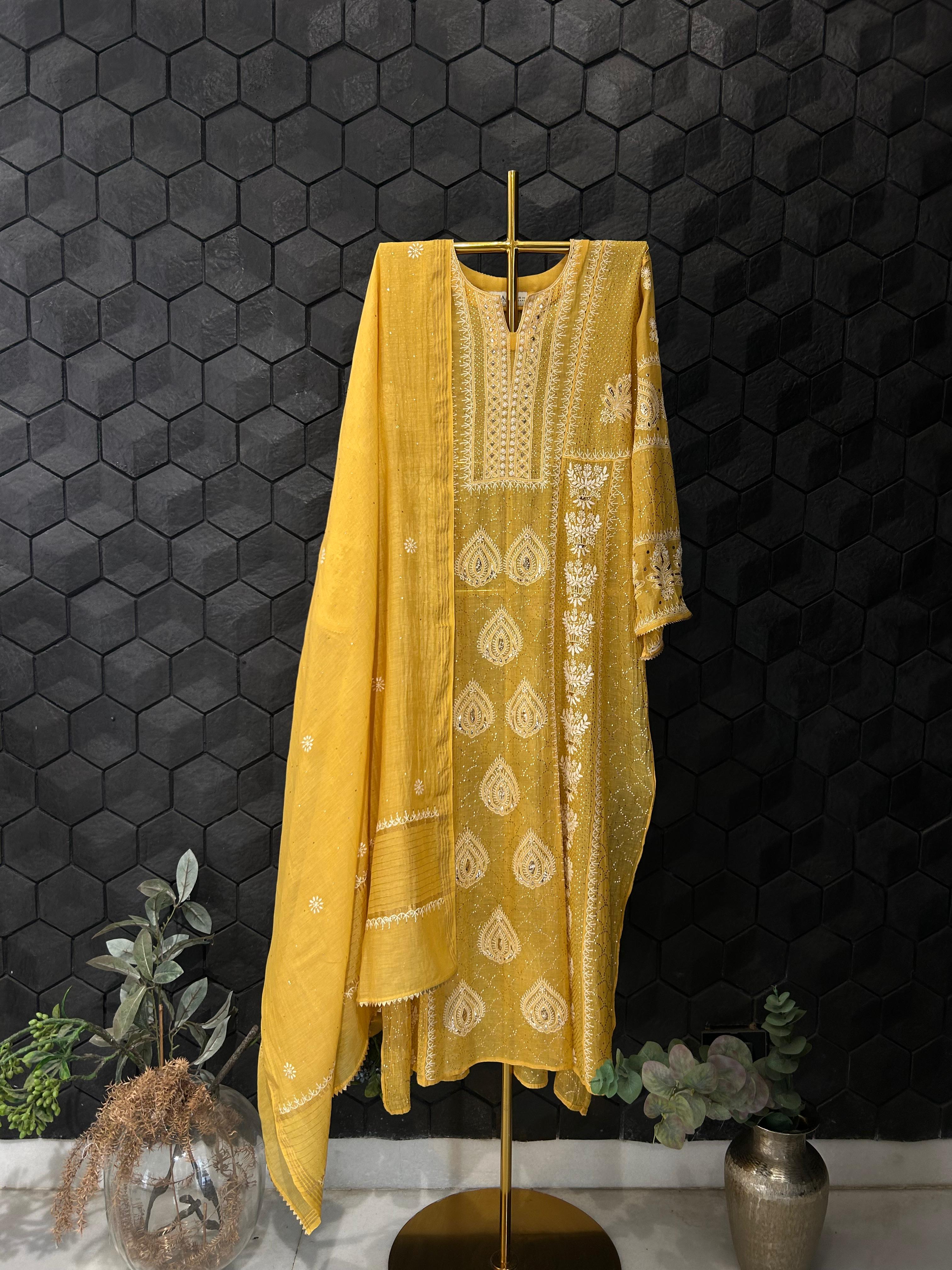 Mustard Mul Chanderi Chikankari Anarkali Set