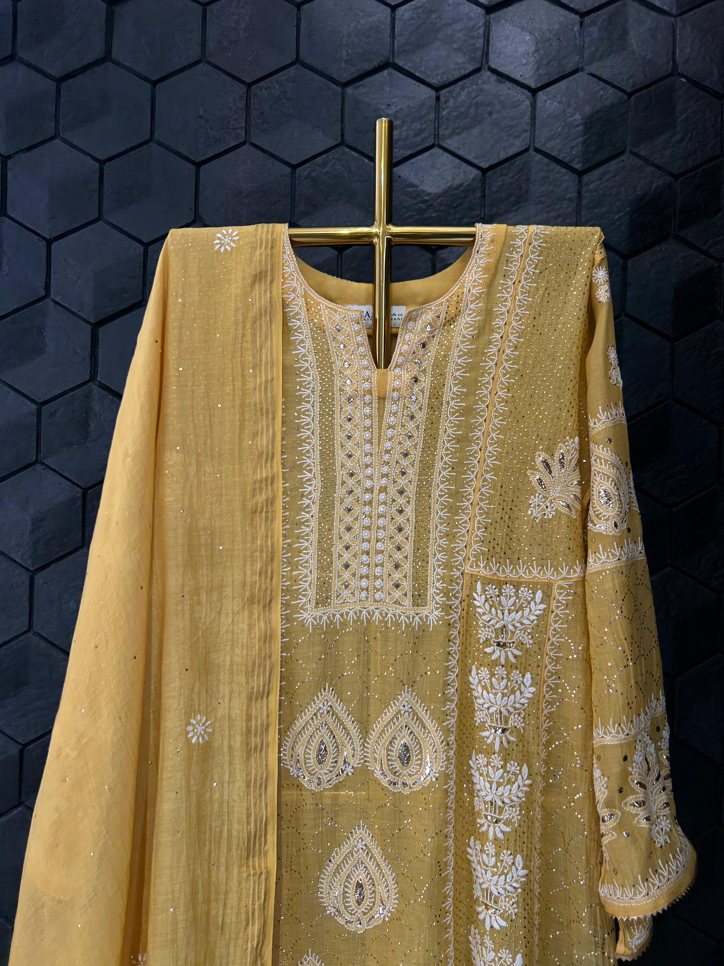 Mustard Mul Chanderi Chikankari Anarkali Set