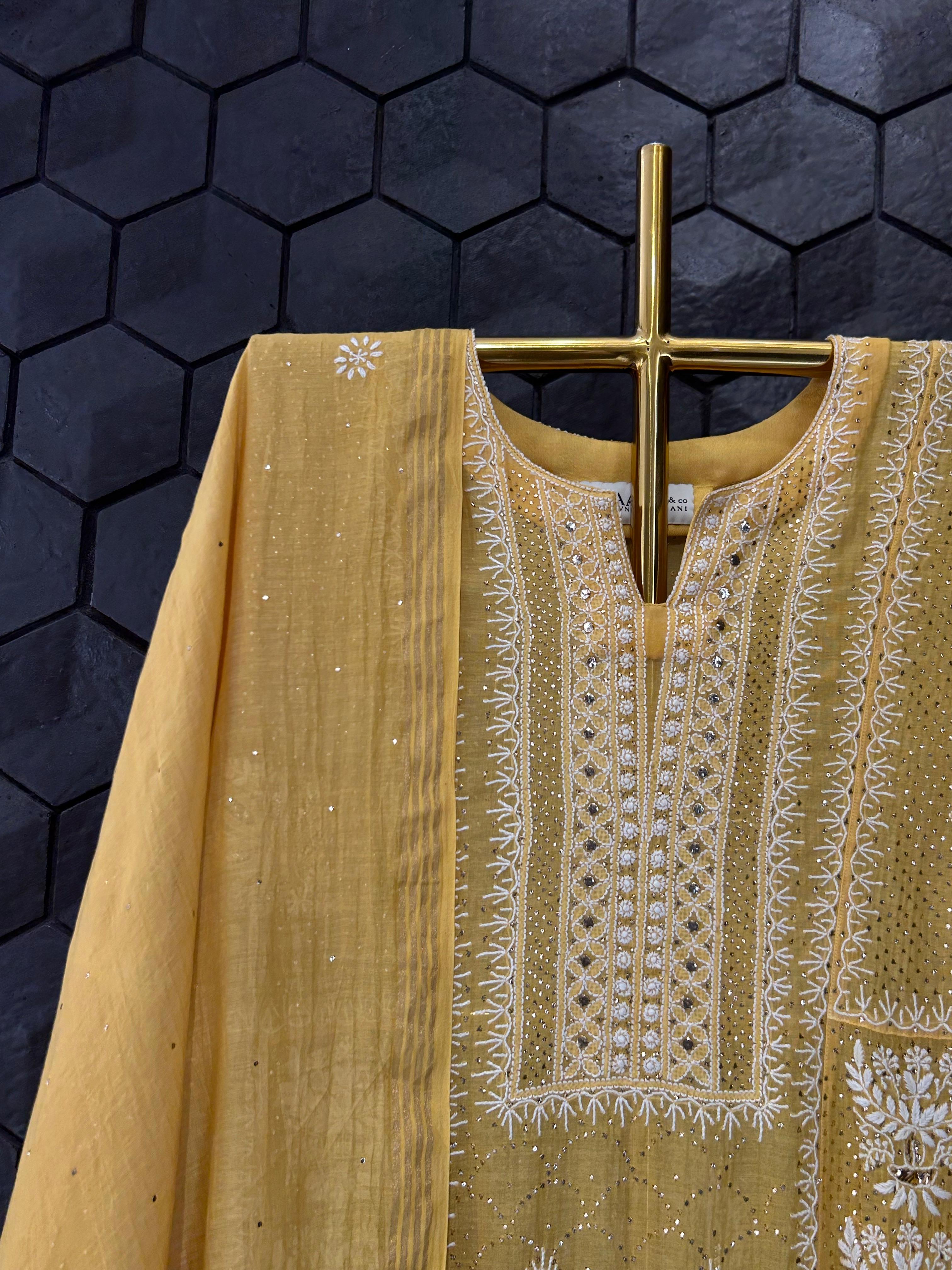 Mustard Mul Chanderi Chikankari Anarkali Set