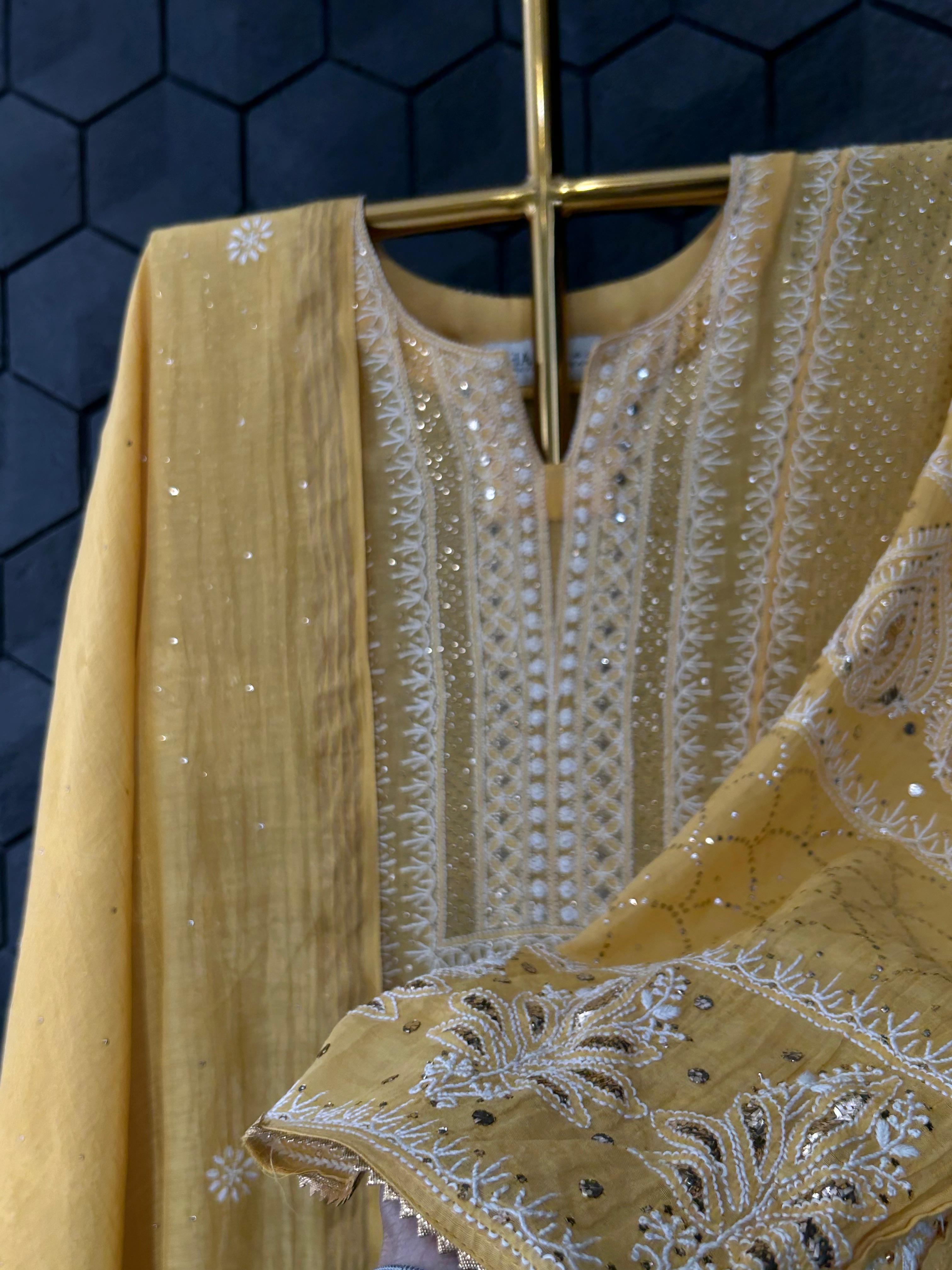 Mustard Mul Chanderi Chikankari Anarkali Set