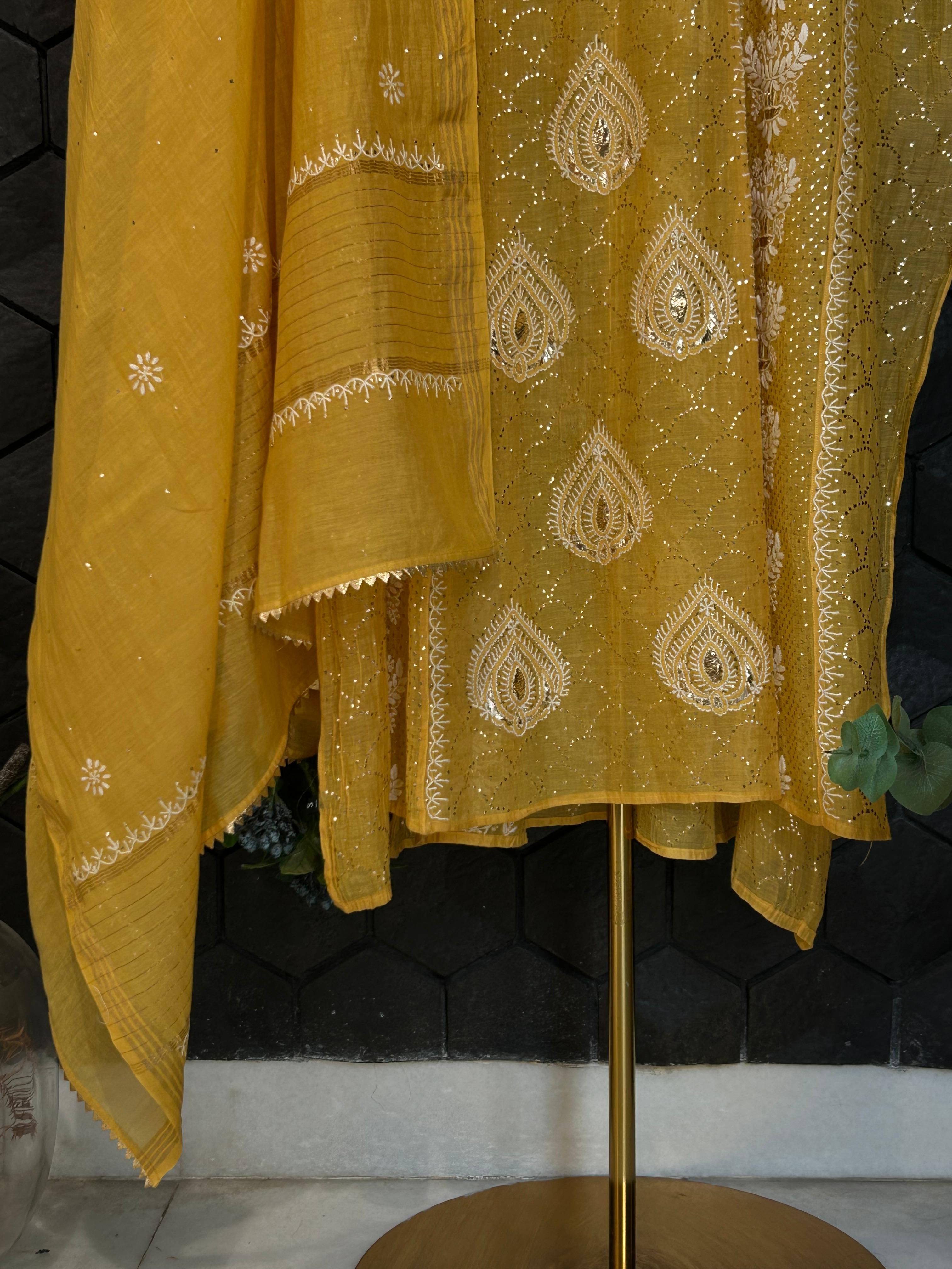 Mustard Mul Chanderi Chikankari Anarkali Set