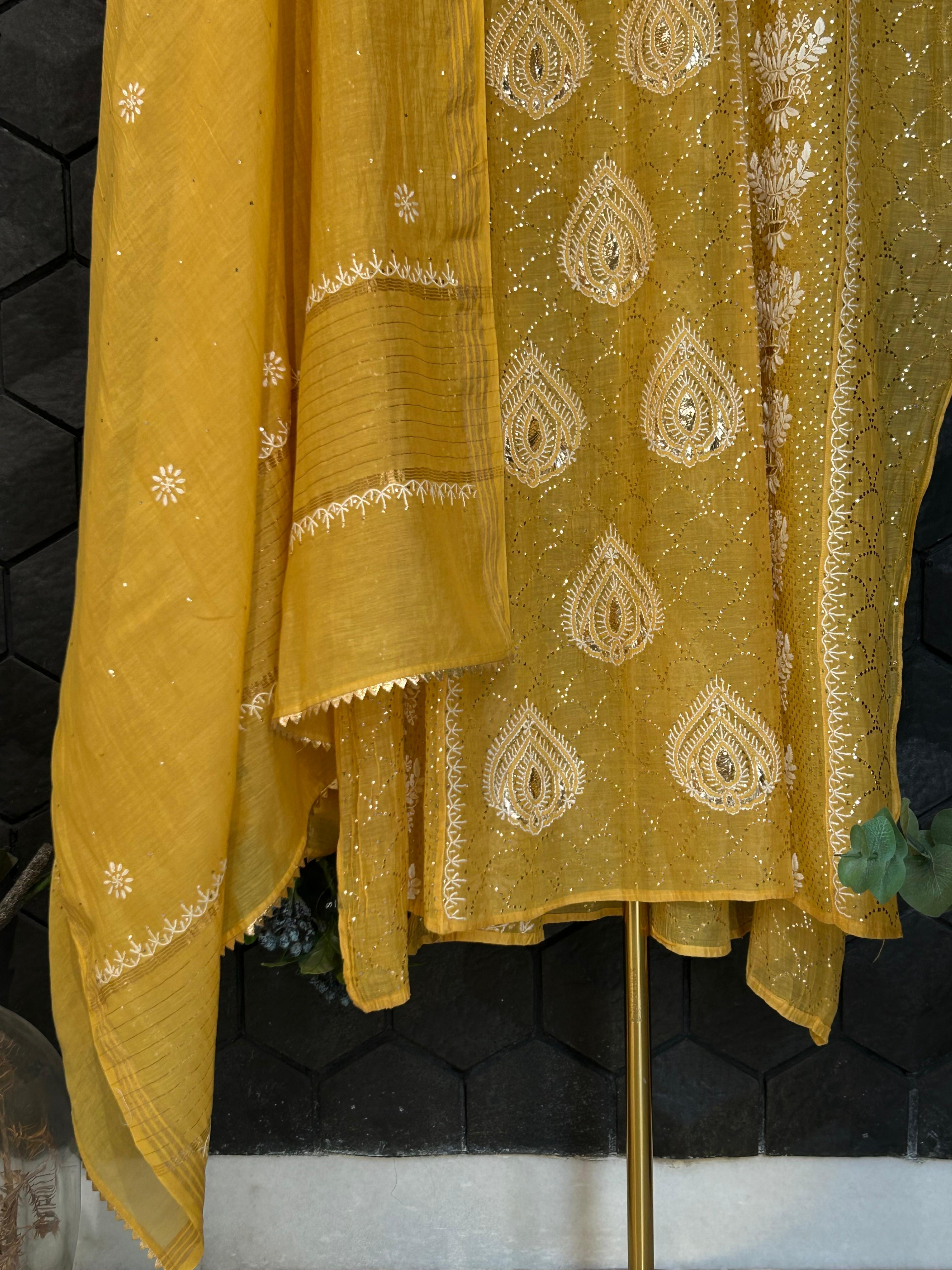 Mustard Mul Chanderi Chikankari Anarkali Set