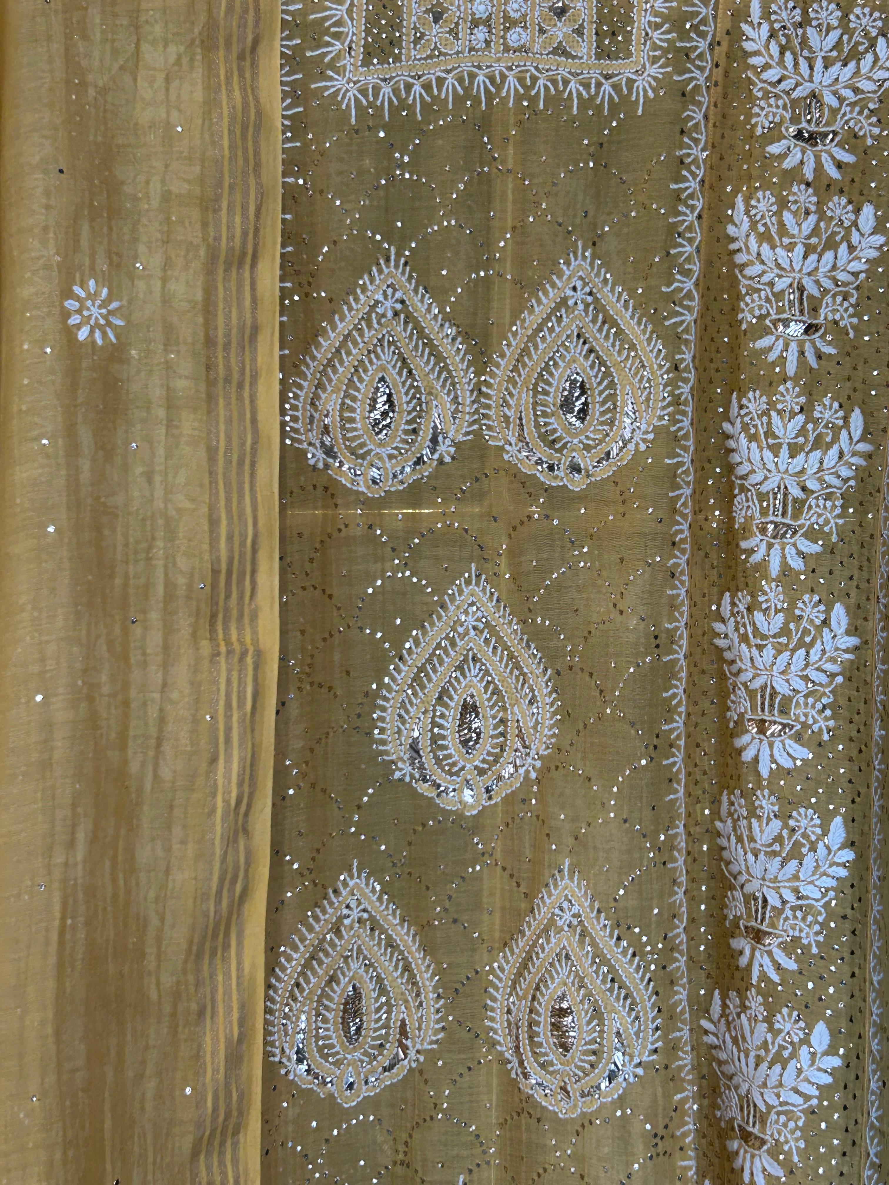 Mustard Mul Chanderi Chikankari Anarkali Set