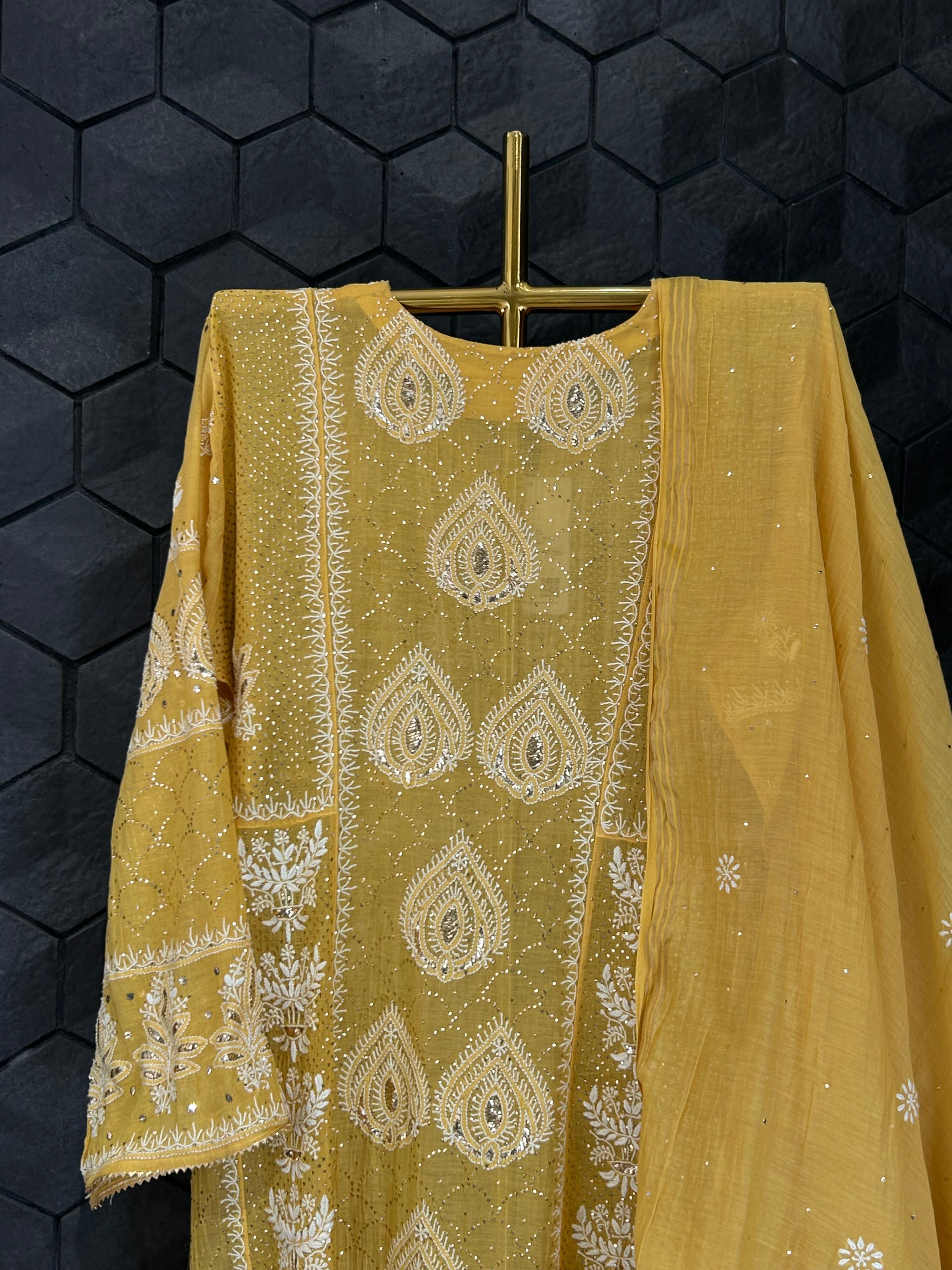 Mustard Mul Chanderi Chikankari Anarkali Set