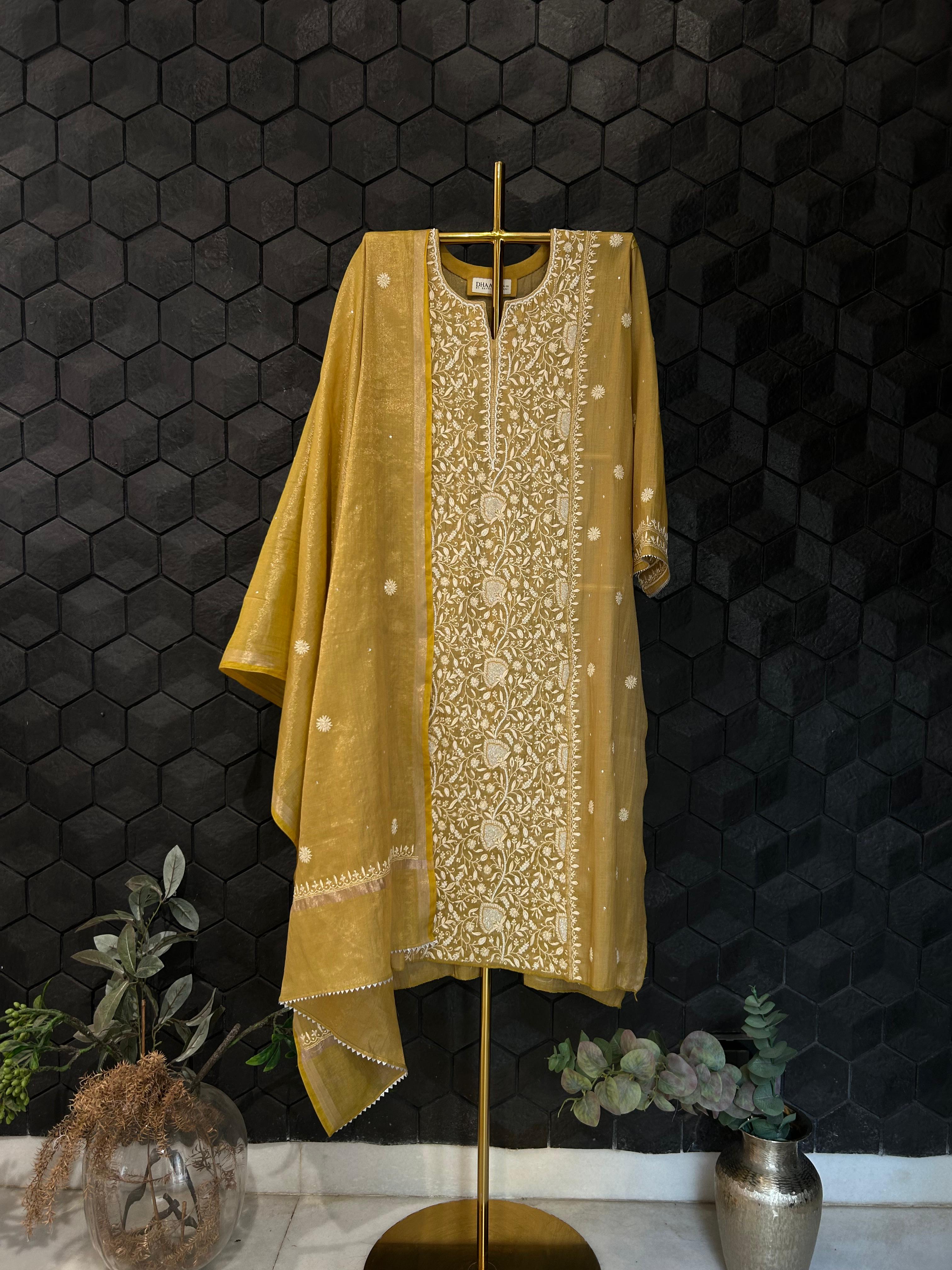 Mustard Copper Tissue Chikankari Kurta Set