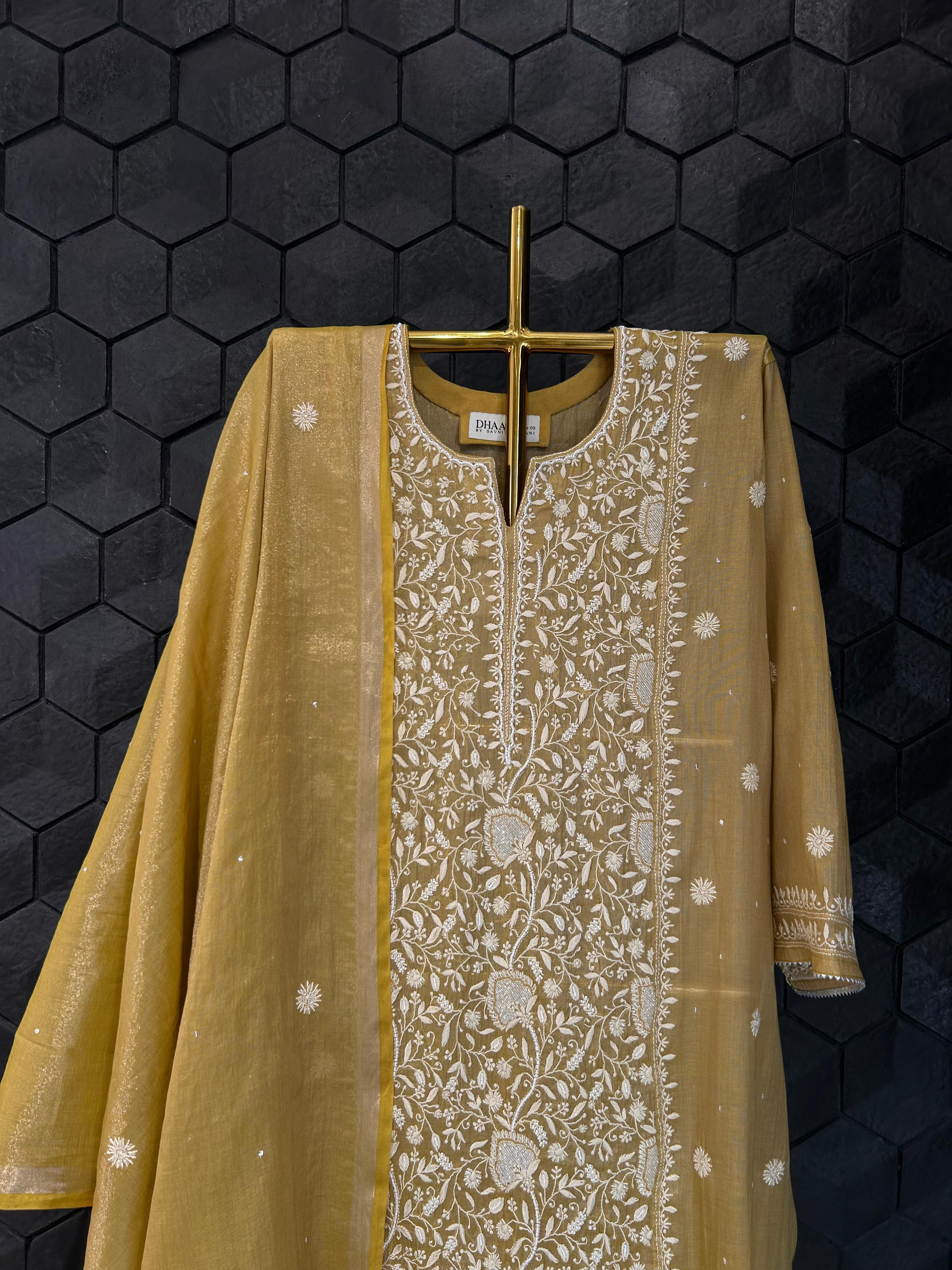 Mustard Copper Tissue Chikankari Kurta Set