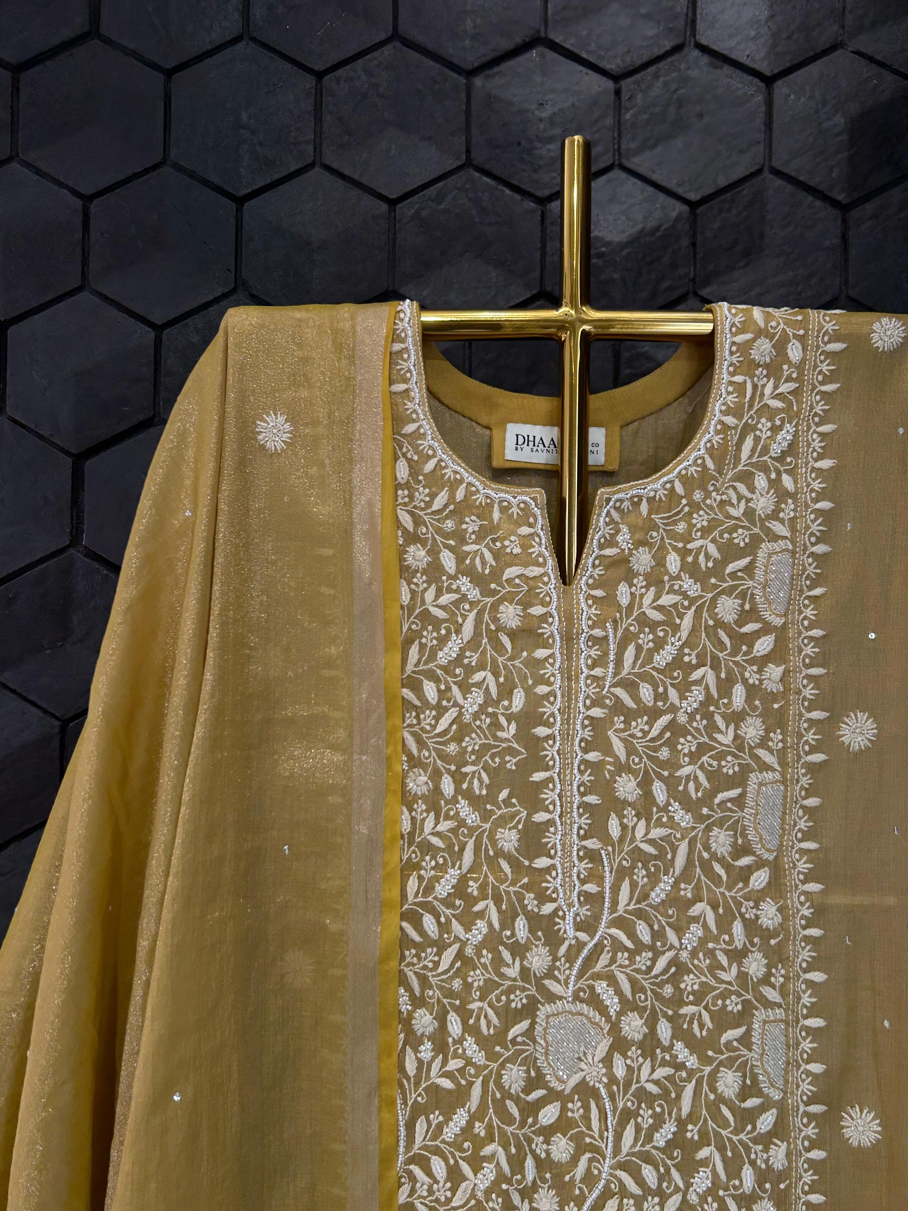 Mustard Copper Tissue Chikankari Kurta Set