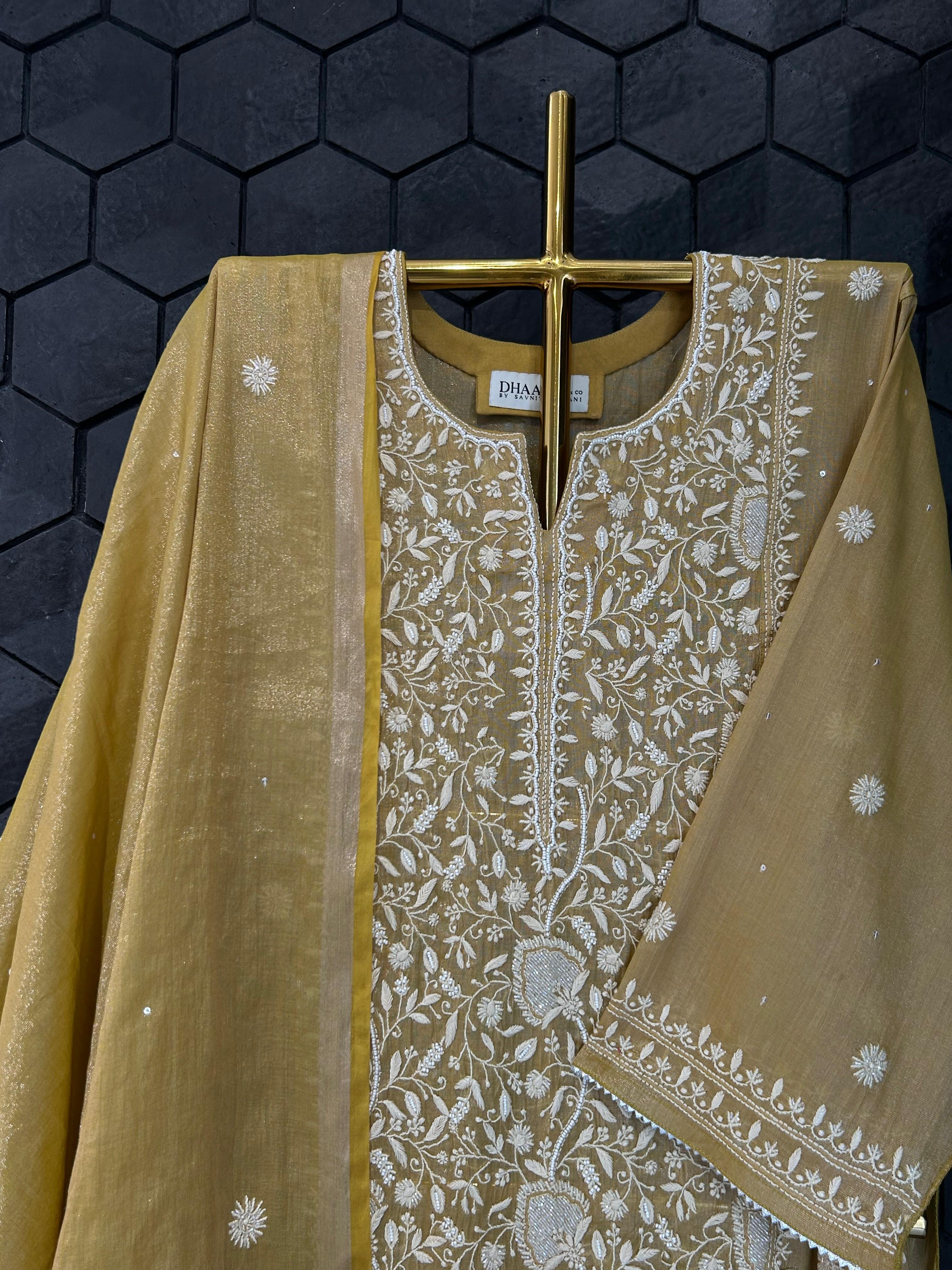 Mustard Copper Tissue Chikankari Kurta Set