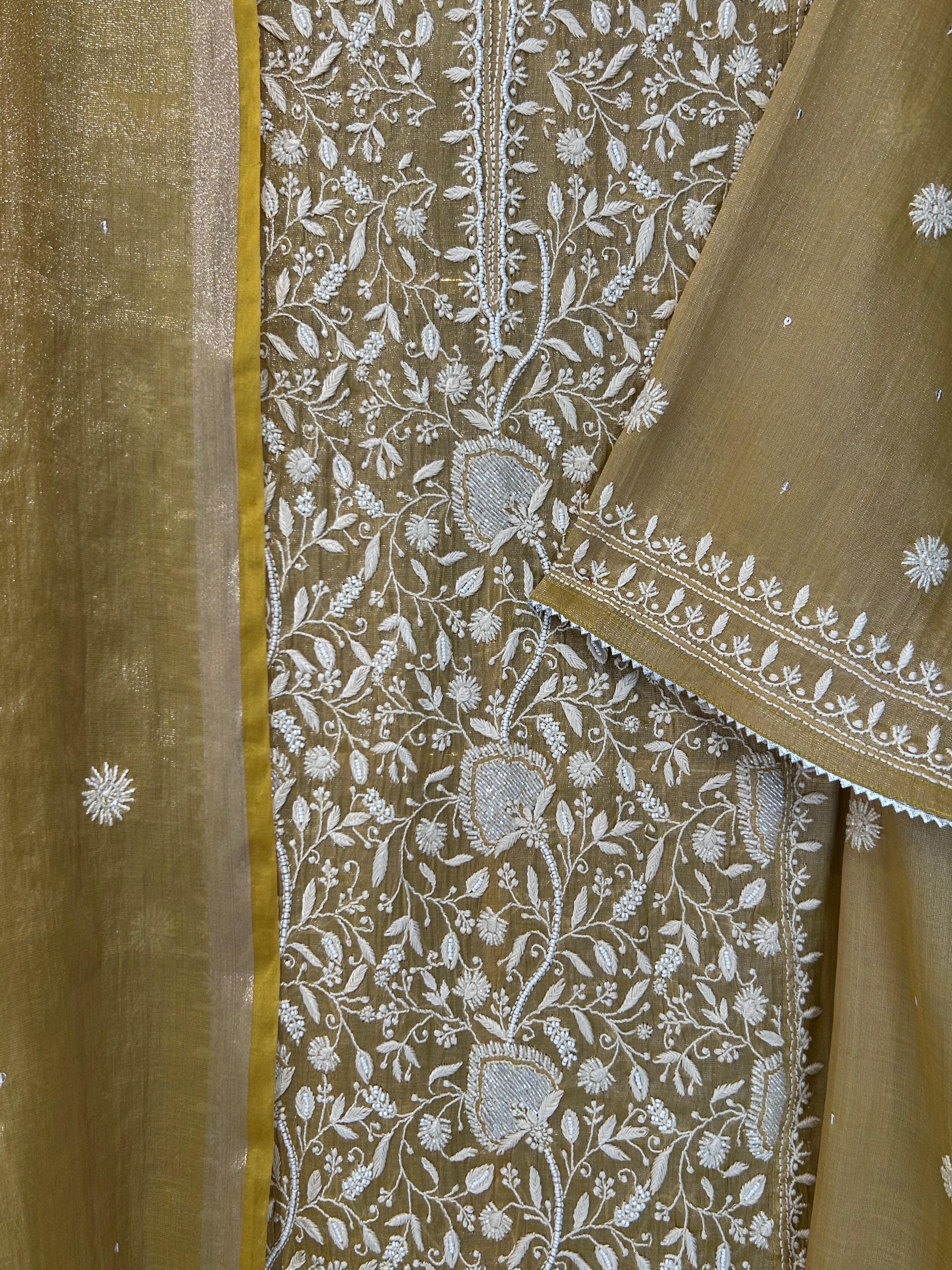 Mustard Copper Tissue Chikankari Kurta Set