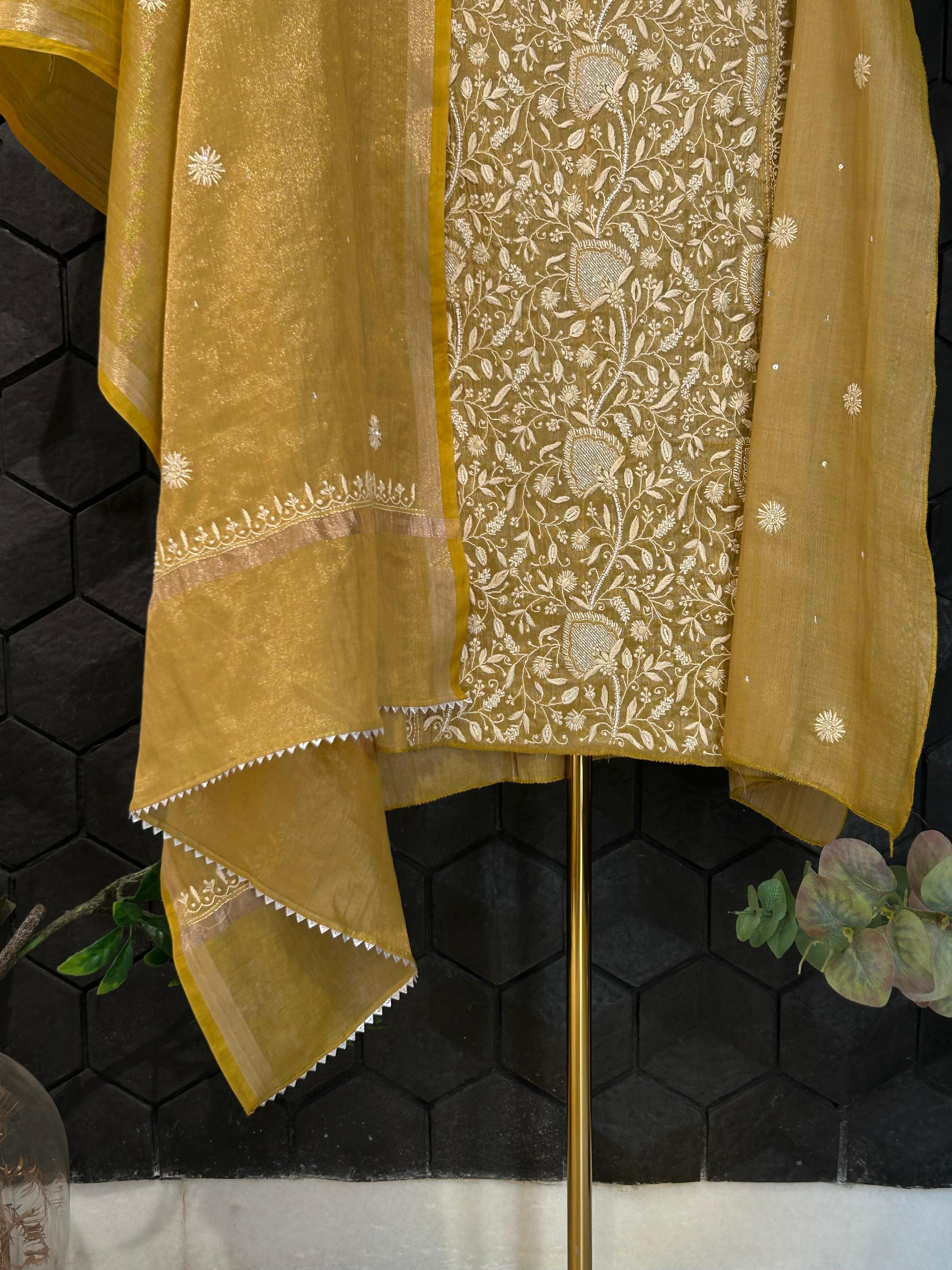 Mustard Copper Tissue Chikankari Kurta Set