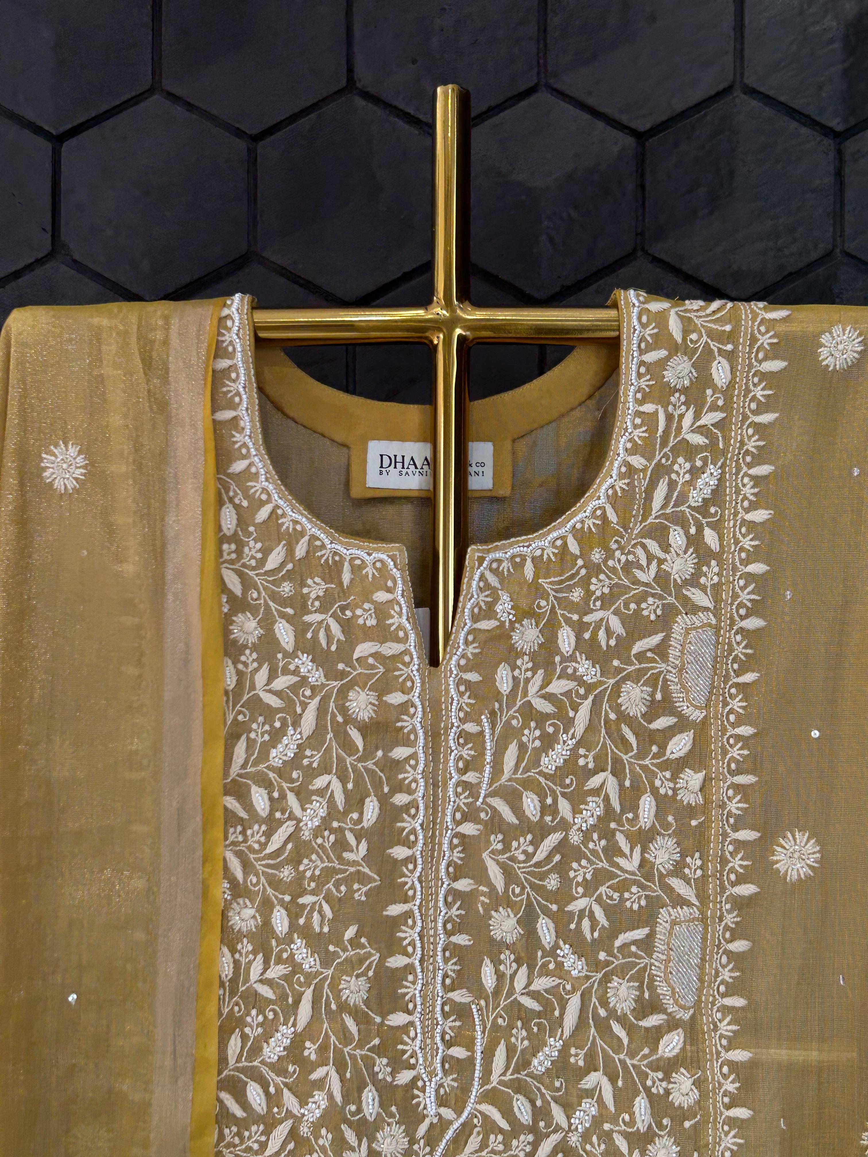 Mustard Copper Tissue Chikankari Kurta Set