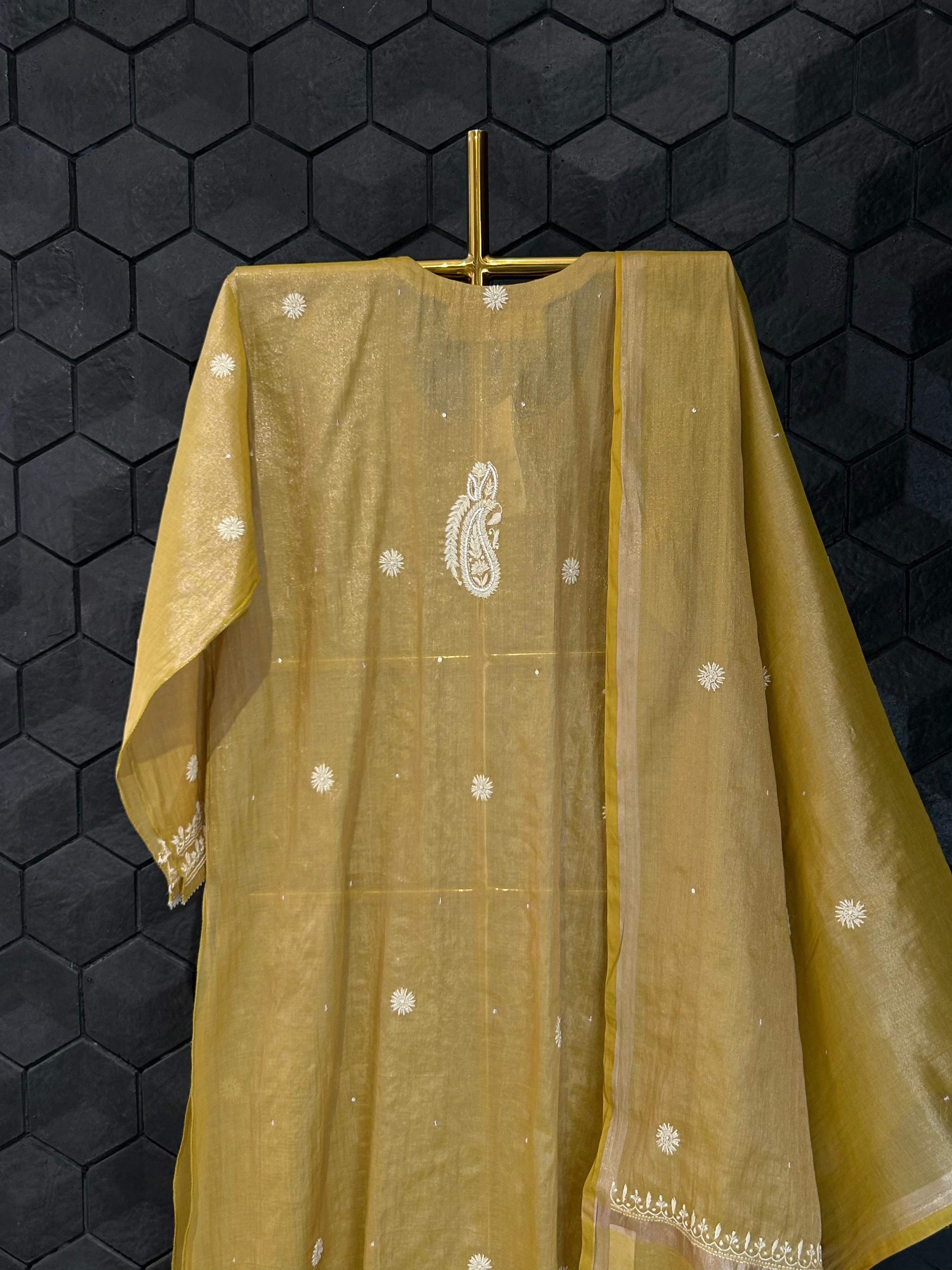 Mustard Copper Tissue Chikankari Kurta Set