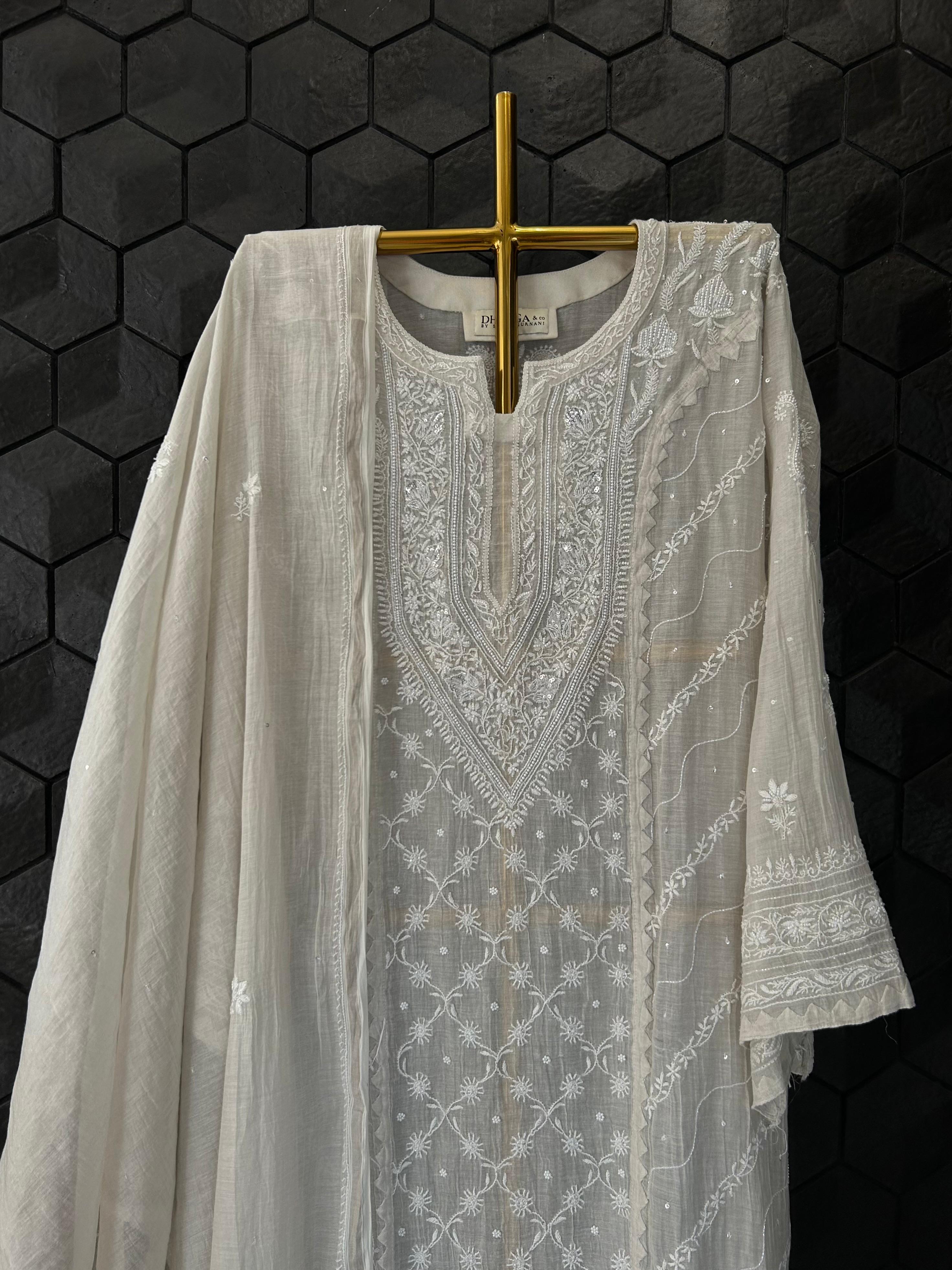 Silver Tissue Chikankari Kurta Set