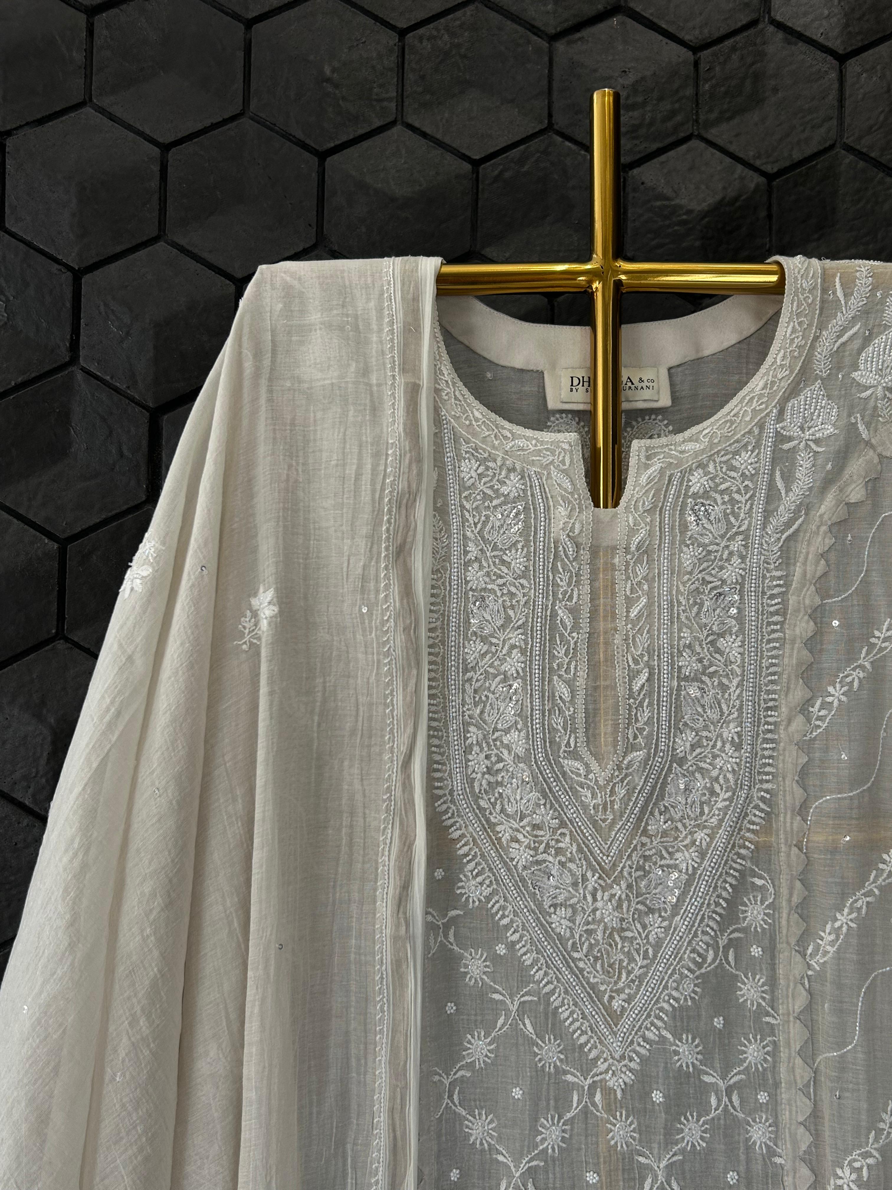 Silver Tissue Chikankari Kurta Set