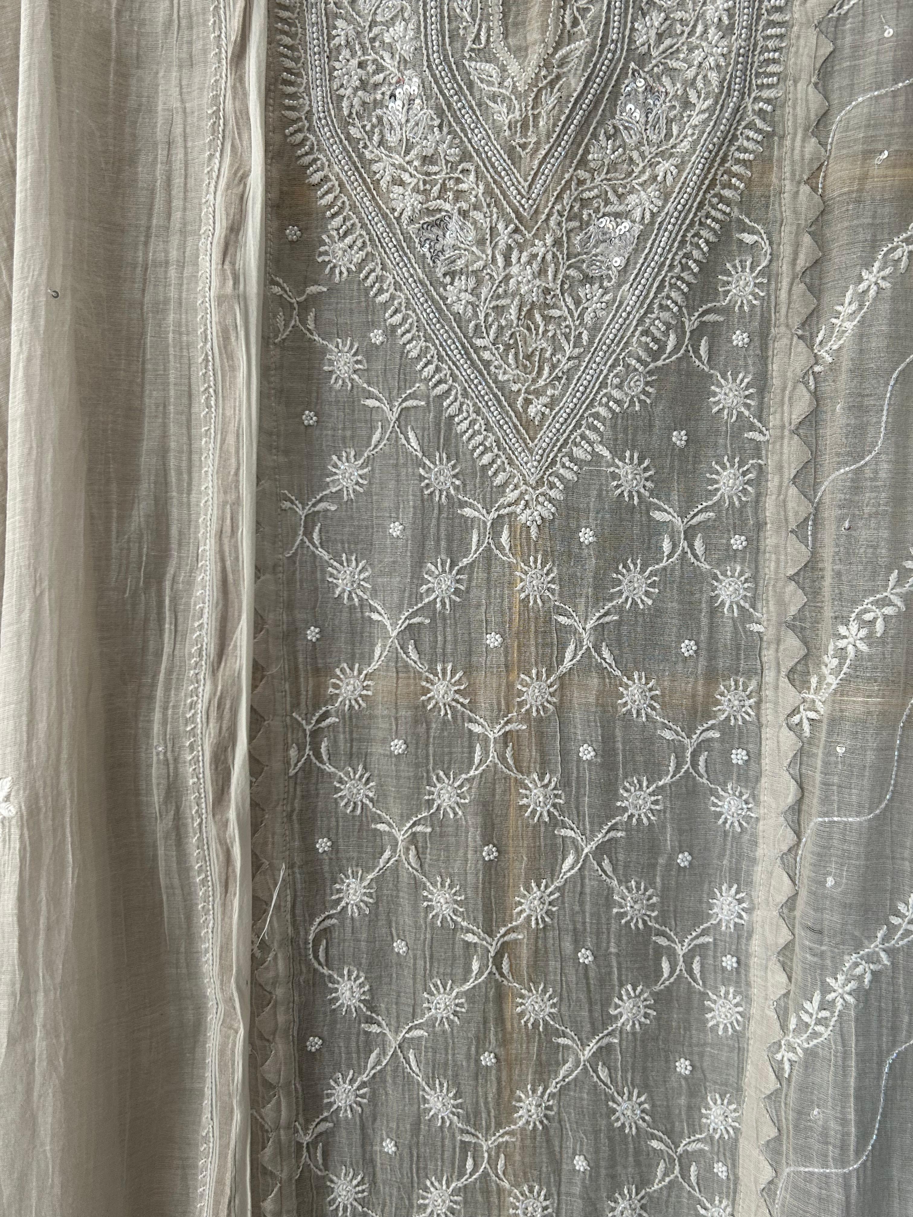 Silver Tissue Chikankari Kurta Set