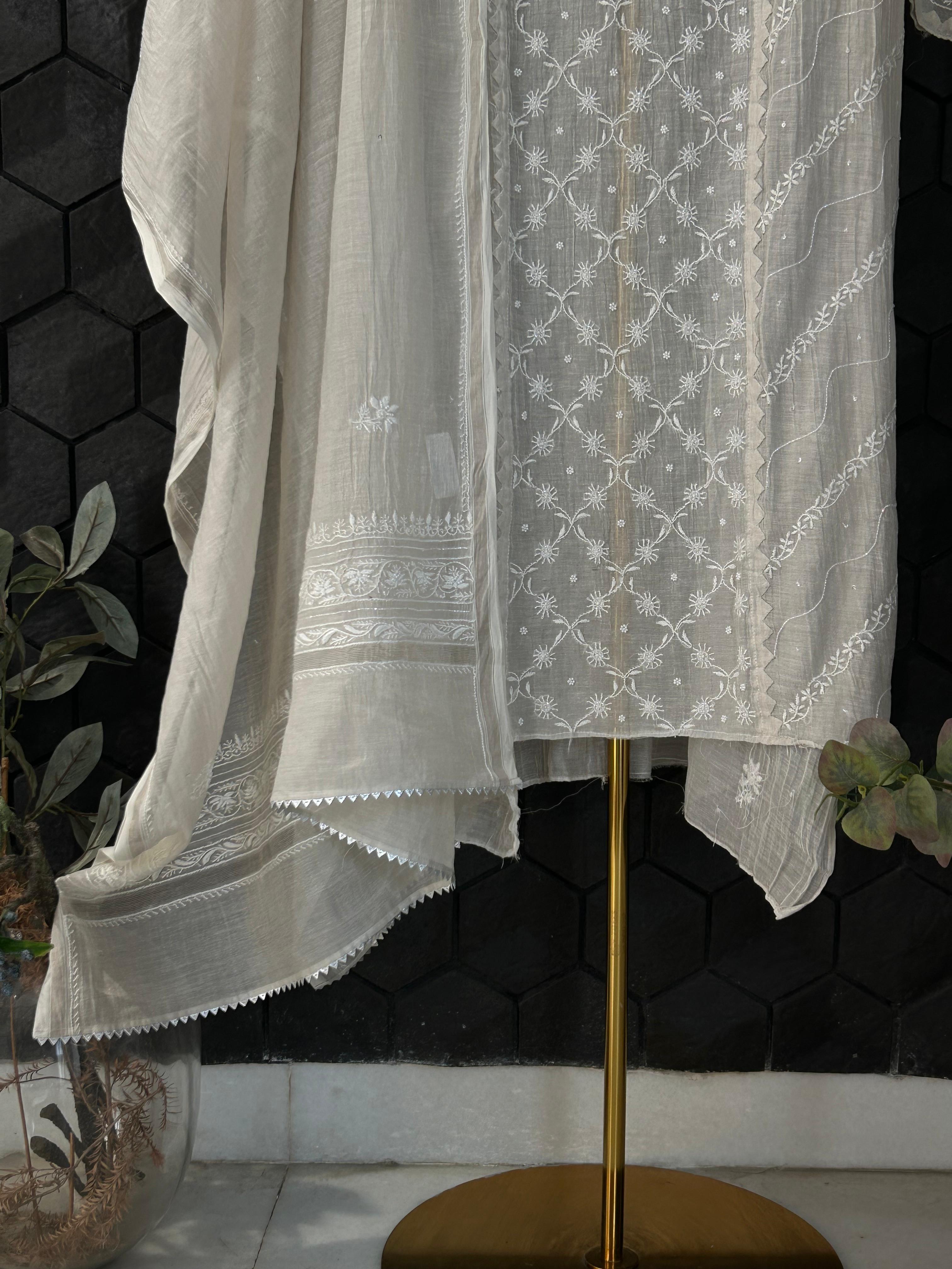 Silver Tissue Chikankari Kurta Set