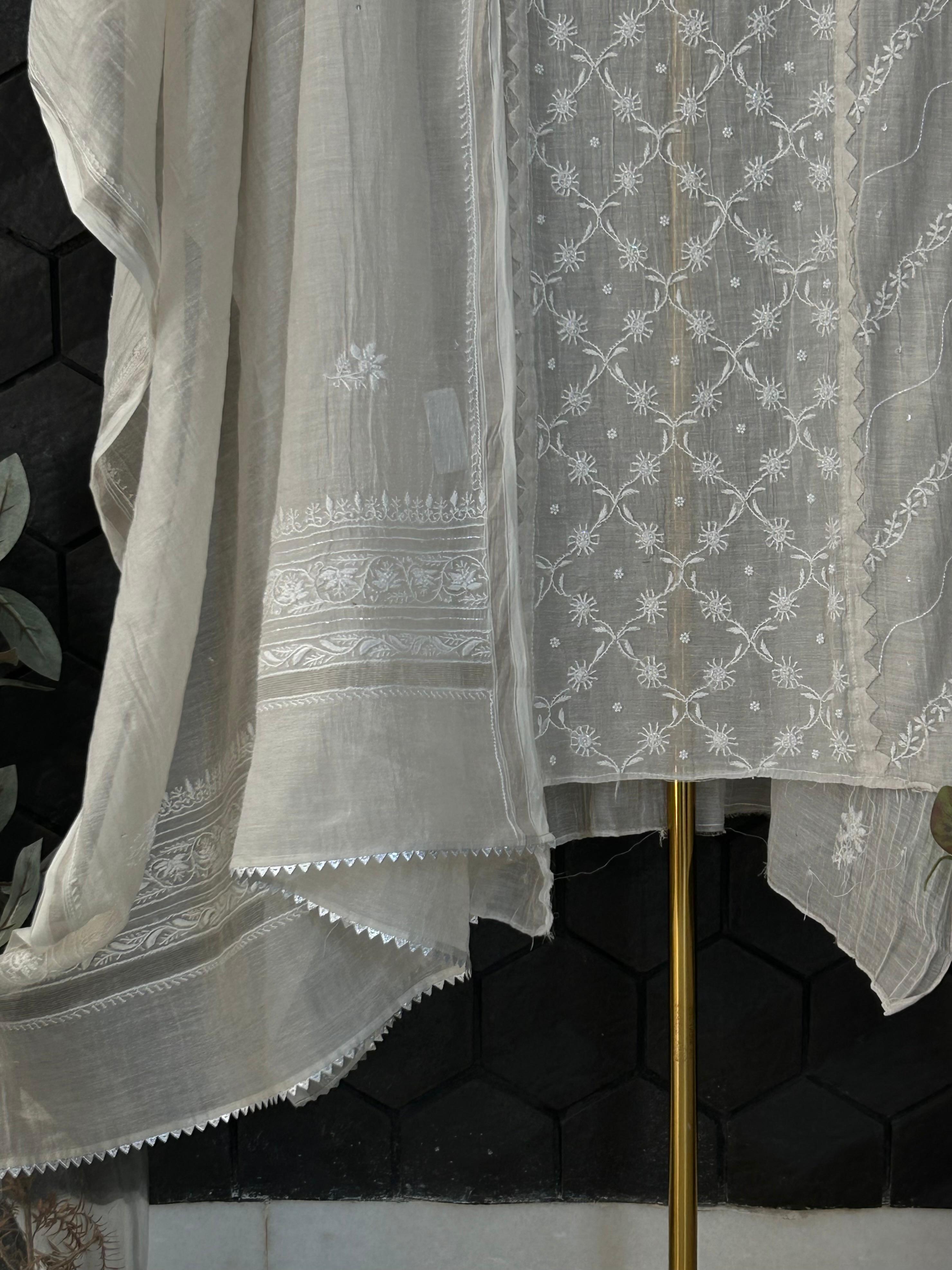 Silver Tissue Chikankari Kurta Set